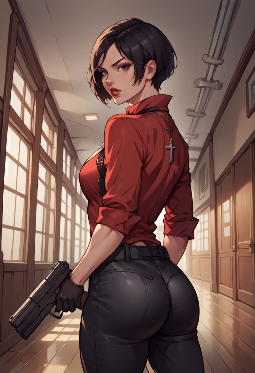 score_9, score_8_up, score_7_up, source_anime, realistic BREAK 1girl, solo,serious, lips, red lips, lipstick,adashirt, black hair, short hair, black eyes, red shirt, cross necklace, cleavage, black gloves, partially unbuttoned, black pants, parted lips, from behind, ass, looking back, looking at viewer, thighs, indoors,handgun,holding weapon, trigger discipline, hallway