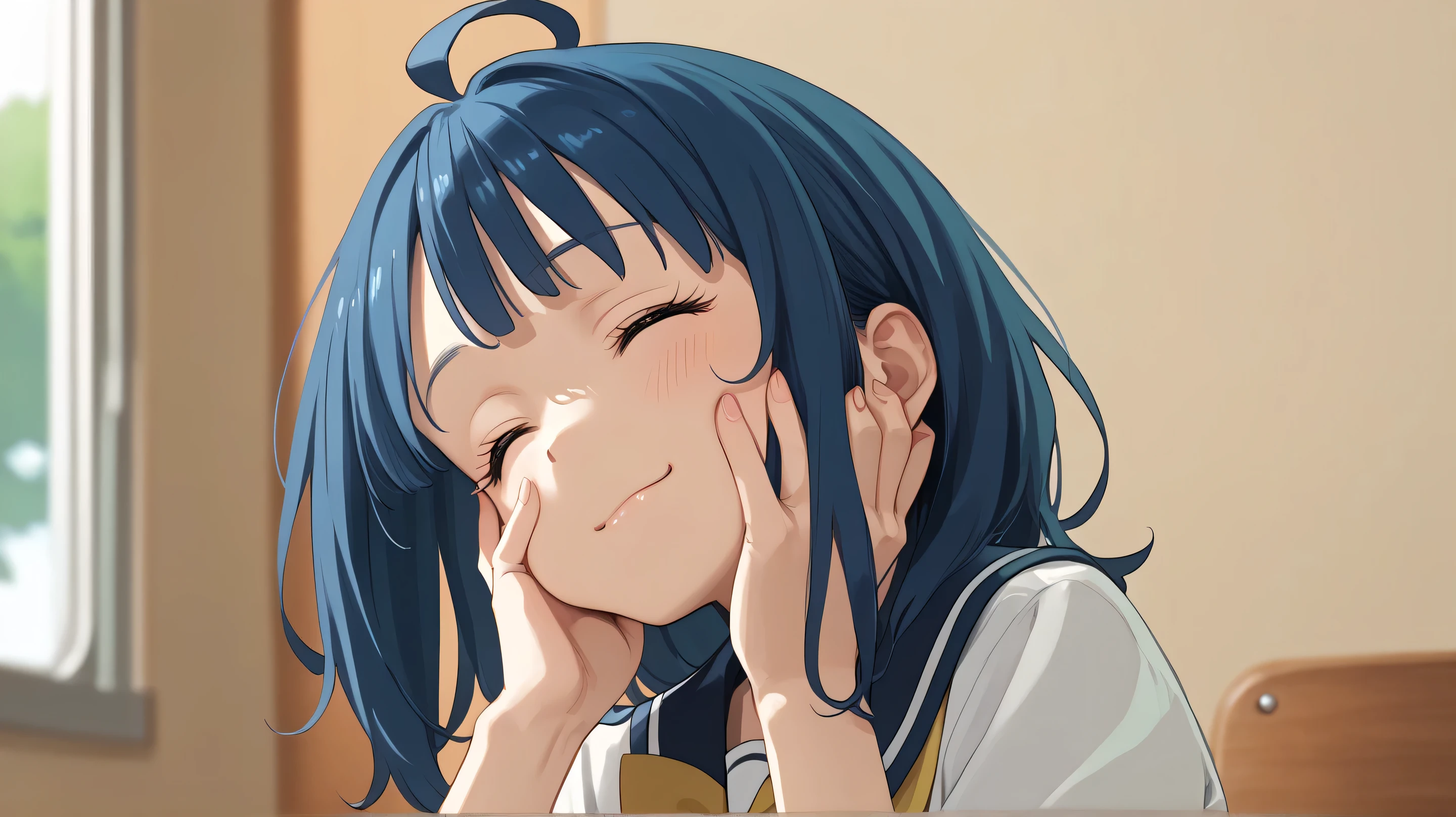 masterpiece,best quality,amazing quality,yanami anna, blue hair, 1girl, closed eyes, solo, school uniform, blush, uranohoshi school uniform, ahoge, hands on own face, anime coloring, bow, hands on own cheeks, medium hair