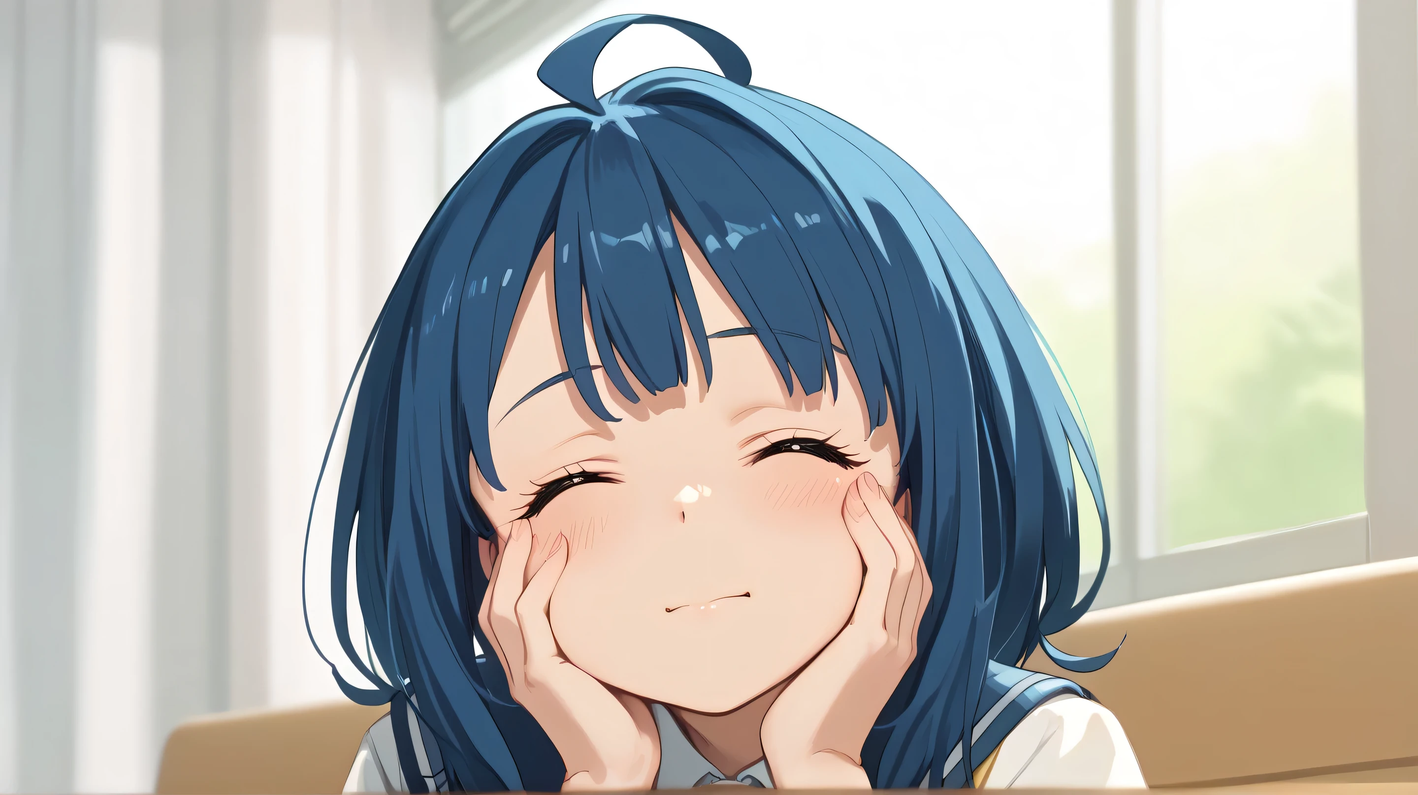 masterpiece,best quality,amazing quality,yanami anna, blue hair, 1girl, closed eyes, solo, school uniform, blush, uranohoshi school uniform, ahoge, hands on own face, anime coloring, bow, hands on own cheeks, medium hair
