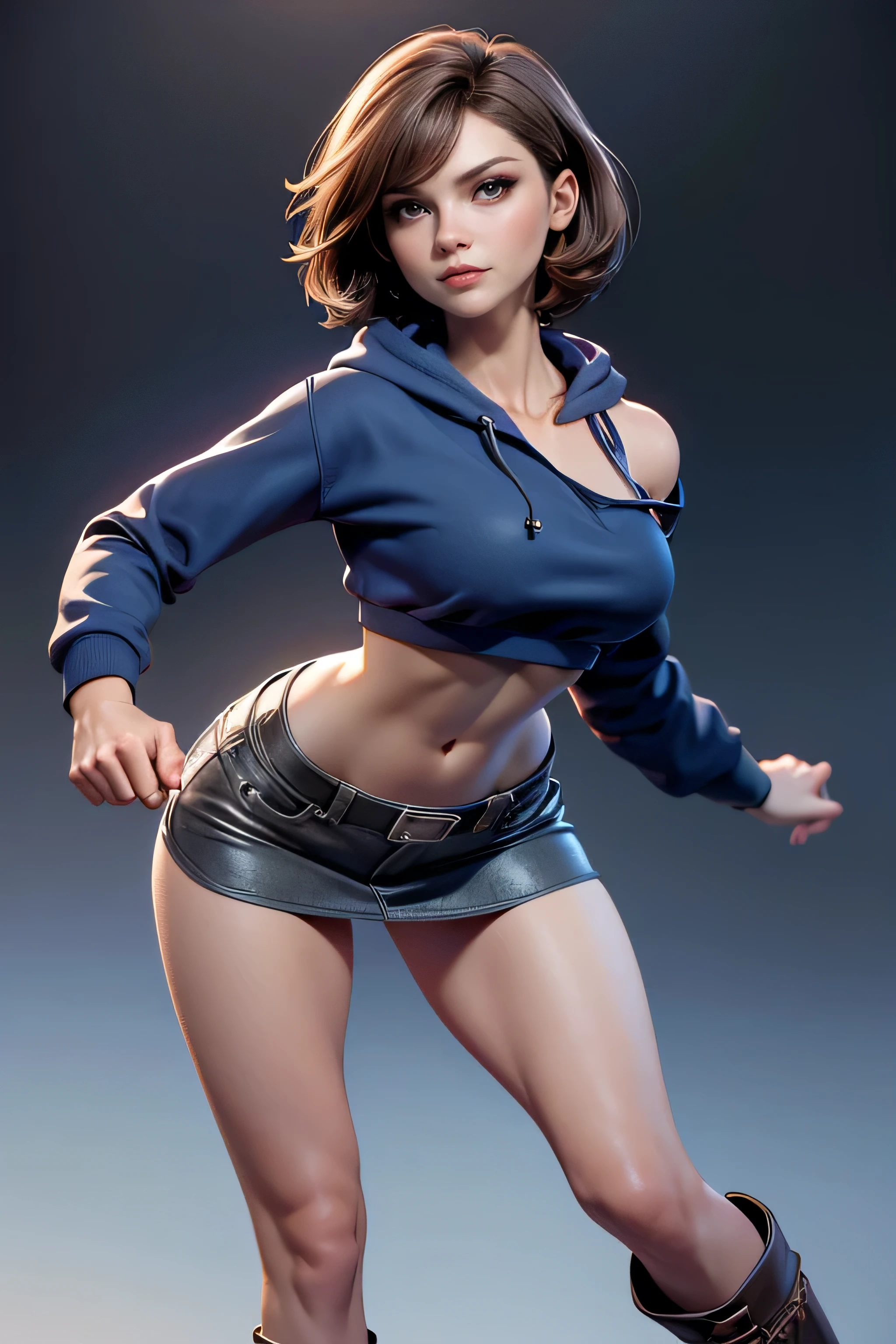 young woman, short brown hair,  brown eyes, blue tube top , Black miniskirt,  knee-length brown boots , gray hoodie sweatshirt, magnificent anatomy ,  Dynamic Pose , face to the camera,  masterpiece , super detail,  lyrics,  composition epic character,  natural lighting ,  sharp focus,  ultra resolution ,  plain white background , without patterns, No textures. 