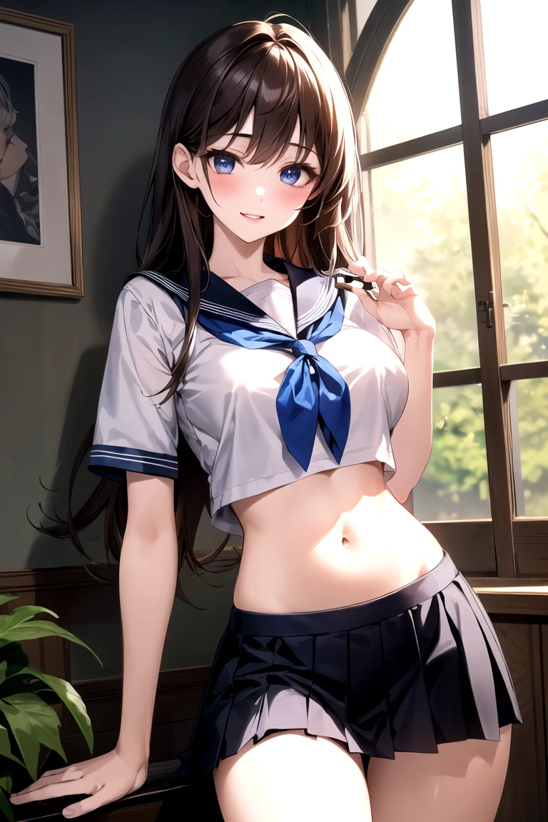 Cornflower art, dreamy, (masterpiece, top quality, perfect anatomy, beautiful face, realistic, super detailed, 1 girl, 18 ears senile, solo, depth of field, canon 24mm lens, f1.4, cute_girl, sailor_ collar, clear facial features, short sleeves, small breasts, slender height, height 150cm, barefoot, double ponytail, bangs, gravure pose, indoor, slouch, Chest gap jungle, blurred background, (Uwabaki: 1.1576)) whole body, clear liquid dripping from the crotch, the front of the shirt is exposed, breasts are visible, transparent bra, light blue striped buns, erotic, , NSFW movie, hentai,