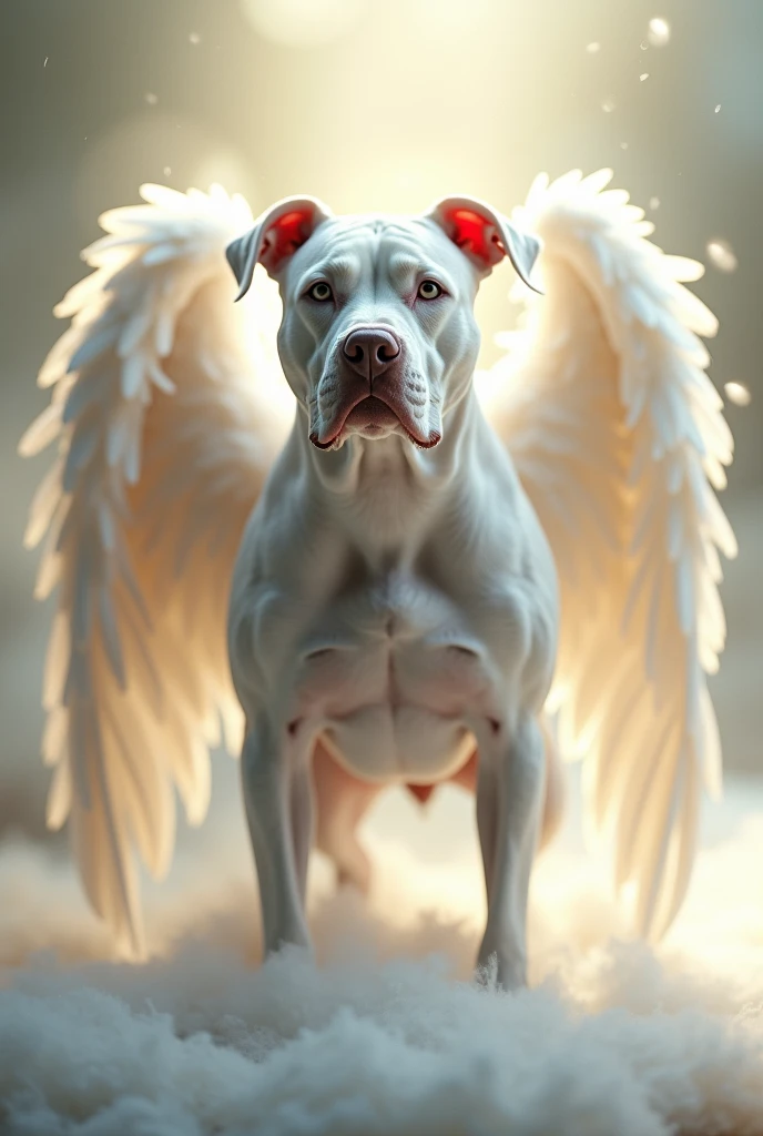 White Bull Terrier dog with wings among the clouds wearing a collar that says Hercules