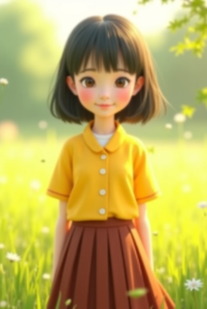 best quality,masterpiece,1girl,solo,((( 13years old))),japanese girl,an extremely cute and beautiful girl,highly detailed beautiful face and eyes,petit,cute face,lovely face,baby face,shy smile,show teeth,black hair,medium short hair,flat chest,skinny,slender,(((wearing a white short shirt and grey short skirt))),(((standing in a flower garden))),she is looking at the viewer
