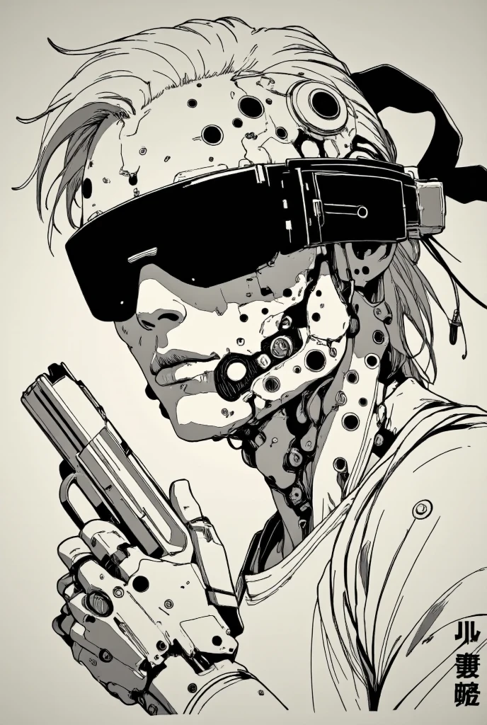 A close-up sketch of a cyberpunk man with a black blindfold, holding a pistol in his hand. Half of his face is mechanical, featuring intricate cybernetic details. The drawing is in a black and white rough manga style, inspired by Kentaro Miura and Sugimura Jihei, with sharp and expressive linework. The composition emphasizes the gun and the tension of the moment, reminiscent of the dynamic style seen in 'Black Lagoon' and 'Trigger' anime. The character has an intense expression, with the raw and detailed aesthetic of classic manga illustrations