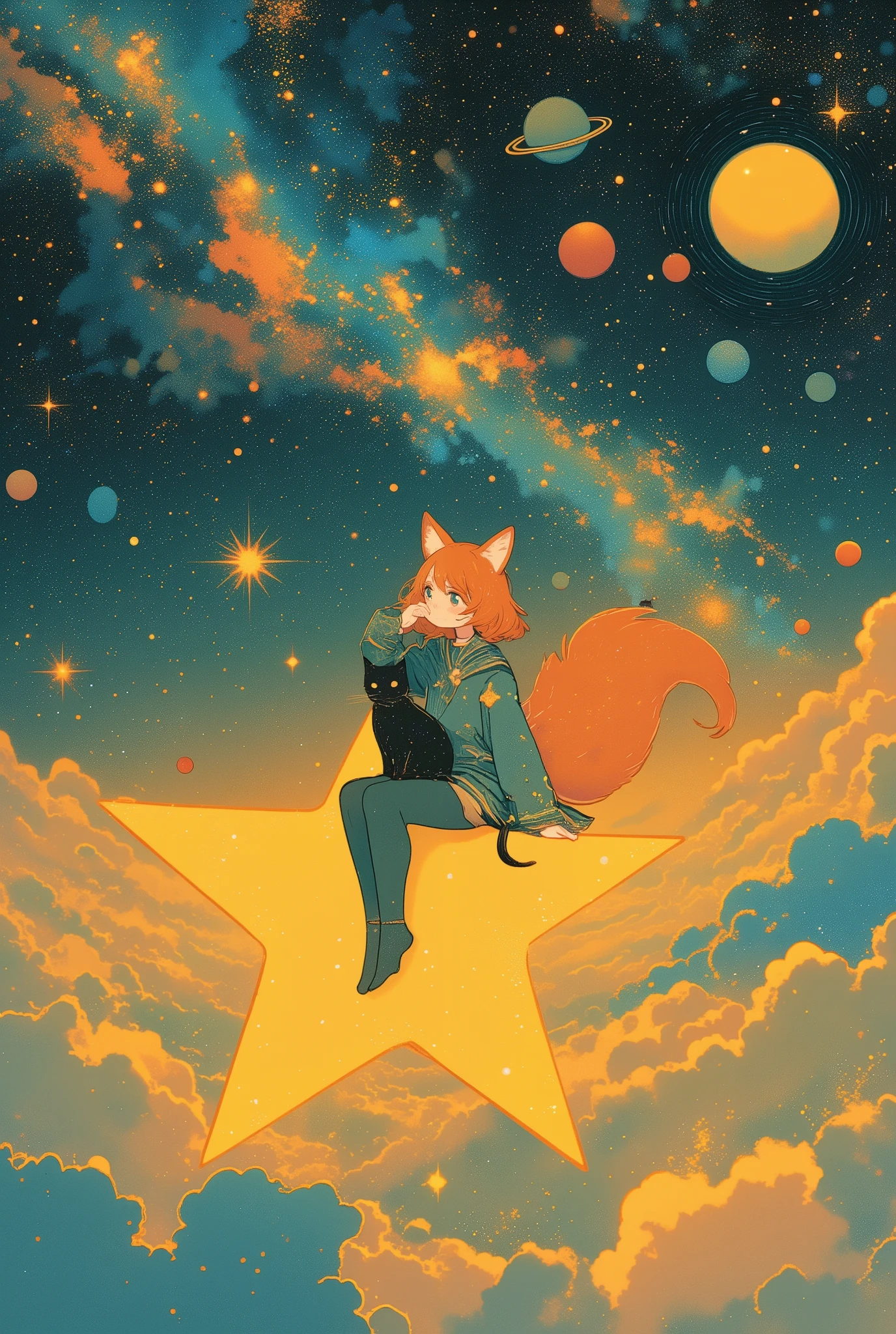 Pink and Blue Outer Space,fox Girl , Girl Sitting on a Star , Beautiful Illustration of Closing Planets and Stars , A Sea of Clouds Below ,Illustration of Girl Sitting on a Star and a black cat ,Storybook illustration inspired by Randolph Caldecott, Simple Art , Detailed book illustration , Wiping Away Tears , very detailed information , Full-page illustrations , Additional Details , Storybook illustration , haeckel and alasdair gray, Site Details , Full color illustrations , Picture book illustration