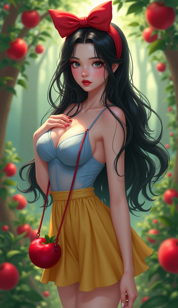 a still shot from a dark fantasy movie, front shot of beautiful Snow White holding a bright red apple in her hand in a dark forest, red lipstick, perfectly styled black hair, pale skin, rosy cheeks, innocent doe eyes with long eyelashes, brown eyes, large breasts, deep cleavage