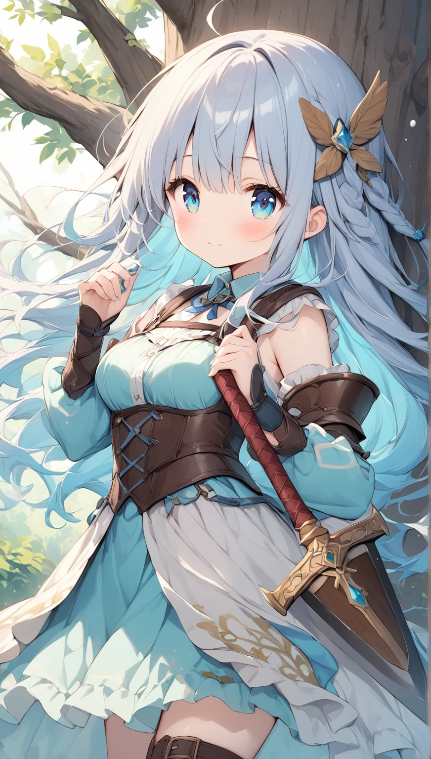 (Best quality, A high resolution, Textured skin, High quality, High details, High details,Extremely detailed CG unity), Enchanted,having fun,Being in love,hunter in fantasy world, light blue hair, black eyes, long hair, hair decoration, big cat ears, exquisite costumes,solo person, A small amount of lace,tactical clothing, with weapons, with bow and arrow, hunting, serious look, dark gaze, Dazzle, woman, beautiful, (hunter), detailed outdoor forest scene, deer in background