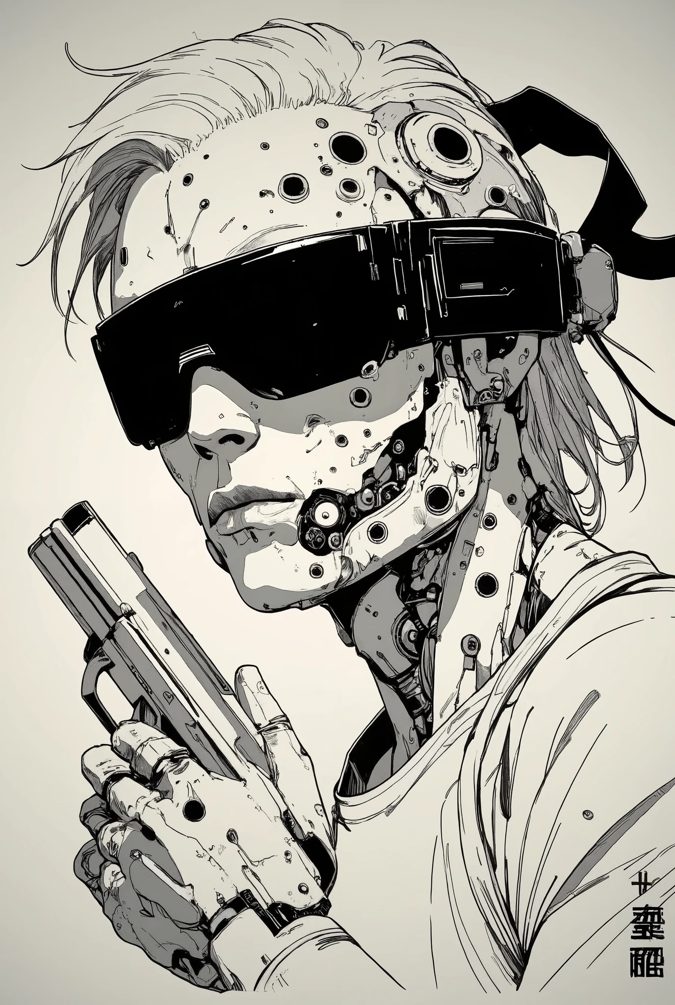 A close-up sketch of a cyberpunk man with a black blindfold, holding a pistol in his hand. Half of his face is mechanical, featuring intricate cybernetic details. The drawing is in a black and white rough manga style, inspired by Kentaro Miura and Sugimura Jihei, with sharp and expressive linework. The composition emphasizes the gun and the tension of the moment, reminiscent of the dynamic style seen in 'Black Lagoon' and 'Trigger' anime. The character has an intense expression, with the raw and detailed aesthetic of classic manga illustrations