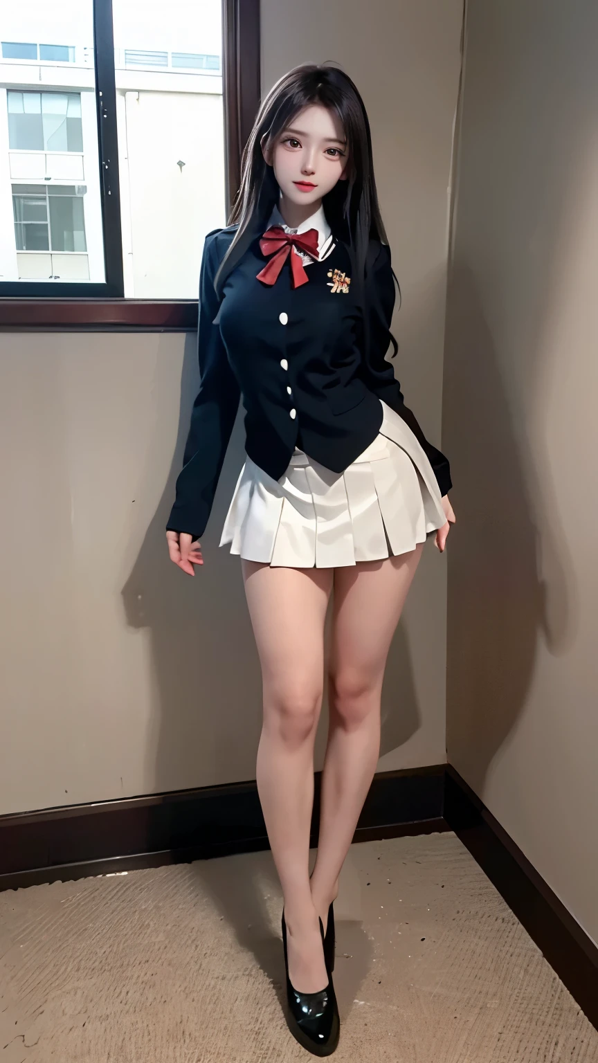 highest quality,best quality,1girl,((big breasts:1.3)),closed mouth,orgasm,blush, sweat,Nanoha Takamachi,takamati nanoha,((long hair,twintail:1.3)),hair ribbon,white shirt,pleated skirt,blue skirt,mini skirt,panty shot,upskirt,lift skirt,white panties,lace panties,classroom,full body