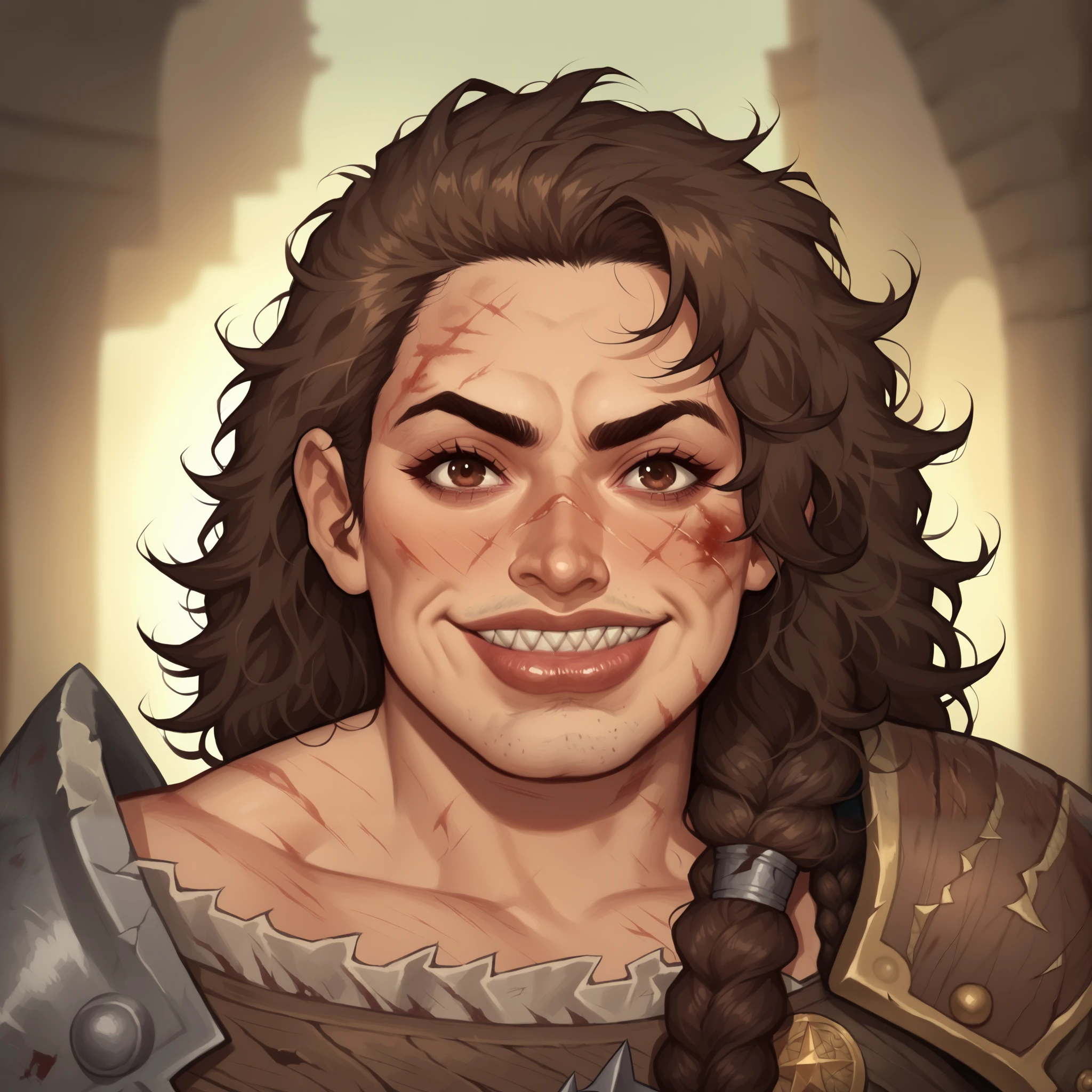 (((high quality, comics style, detailed face))), score_9, score_8_up, score_7_up, BREAK, bust shoot view, solo, 1woman, a barbarian, high stature, big nose, brown hair, curly messy hair, voluminous hair, brown messy beard, muscular, wide shoulder, chubby, tanned skin, ((bushy eyebrows)), scars, burn marks, braided dark hair, sharp teeth, big lips, (ugly face, ferocious, big devious smile), dynamic pose, barbarian clothes, fantasy outside, blurred background, Expressiveh, DeepNegative_xl_v1, detailxl, zPDXL2