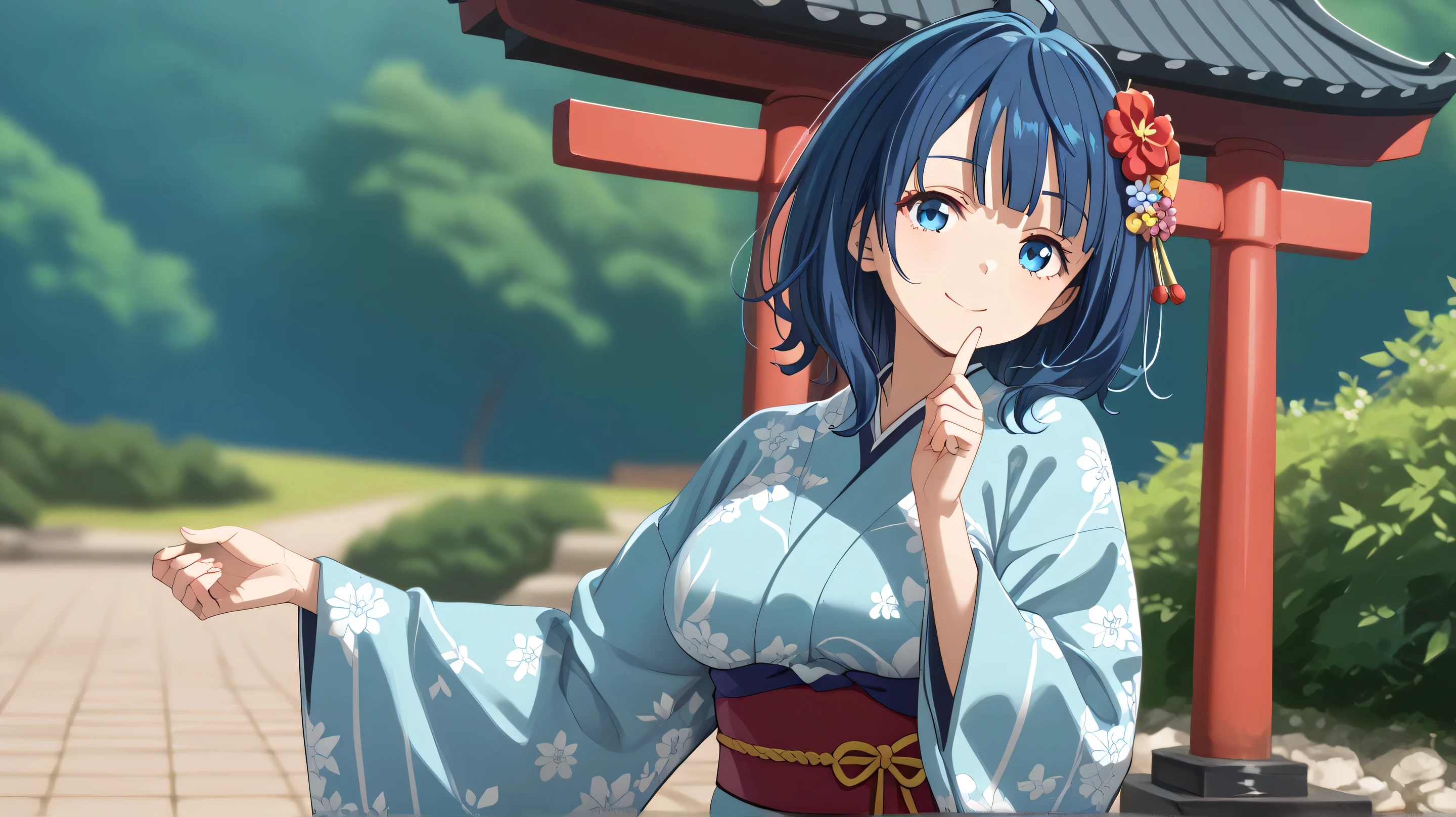 1girl,yanami anna,solo,ema,short hair,japanese clothes,print_kimono,kimono,blue hair,smile,blue eyes,sash,print kimono,bow,looking at viewer,obi,floral print,bangs,blurry,closed mouth,long sleeves,blurry background,striped,upper body,blue kimono,hair bow,curvy,hair ornament,wide sleeves,depth of field,hands up,outdoors,flower,vertical stripes,day,red bow,hair flower,new year,head tilt,torii,big breasts,cowboy_shot,fox_mask,light_blush,wide hips,moody lighting,Cinematic Lighting,, score_9, score_8_up, score_7_up,