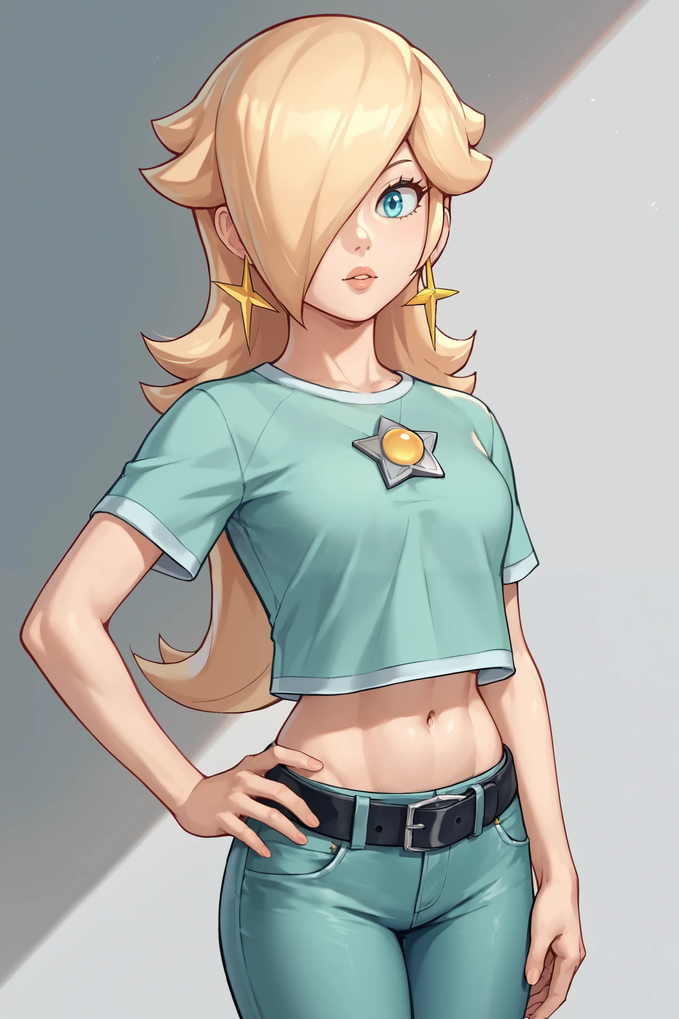 score_9, score_8_up, score_7_up, source_anime, rosalina, blonde hair, blue eyes, hair over one eye, long hair, star earrings, solo, cowboy shot, black t-shirt, taut clothes, tight shirt, midriff, navel, jeans, black belt, hand on hip