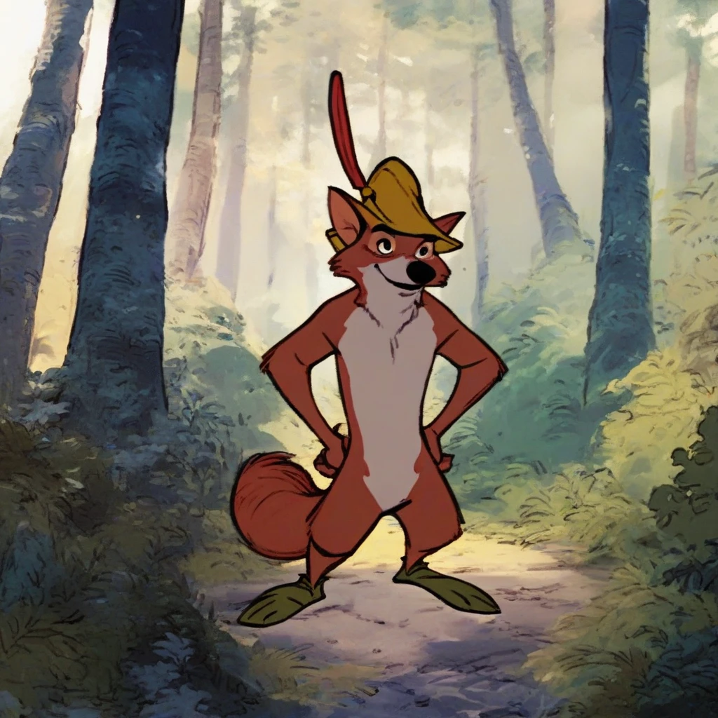 (robinhood:1) standing in forest, facing viewer, naked, hands on hips, full body