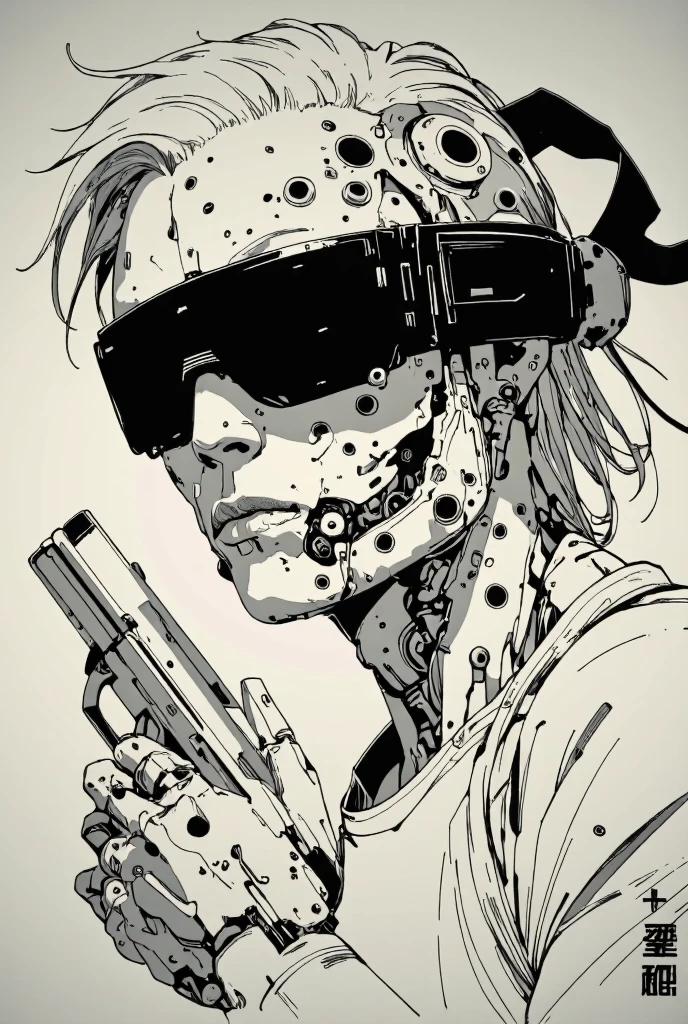 A close-up sketch of a cyberpunk man with a black blindfold, holding a pistol in his hand. Half of his face is mechanical, featuring intricate cybernetic details. The drawing is in a black and white rough manga style, inspired by Kentaro Miura and Sugimura Jihei, with sharp and expressive linework. The composition emphasizes the gun and the tension of the moment, reminiscent of the dynamic style seen in 'Black Lagoon' and 'Trigger' anime. The character has an intense expression, with the raw and detailed aesthetic of classic manga illustrations