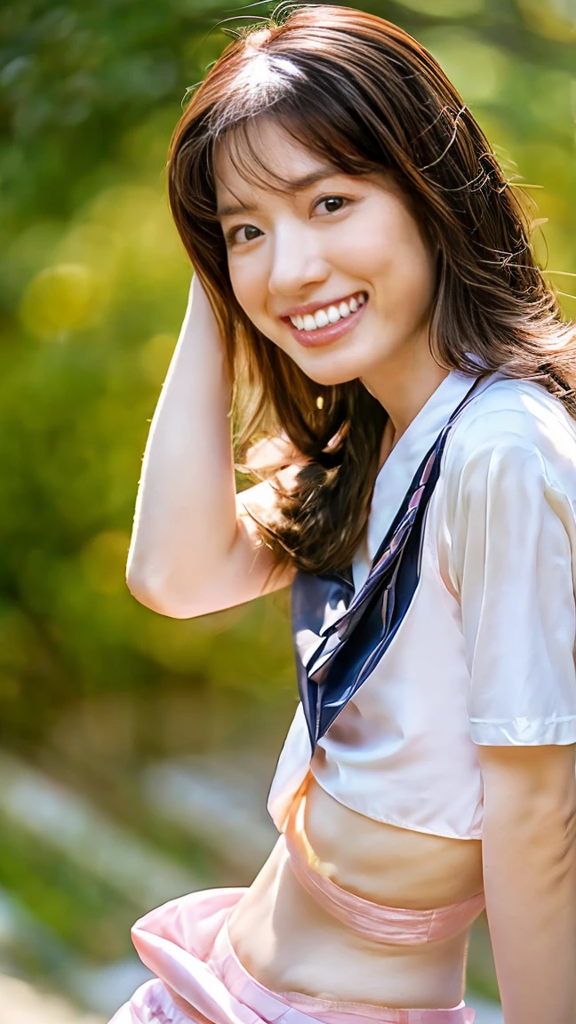Japanese schoolgirl),((Beautiful girl)),cleavage,the expression imagining what feels good:1.2,(perfect body beauty:1.2),((perfect body)),(shy smile),beautiful teeth,