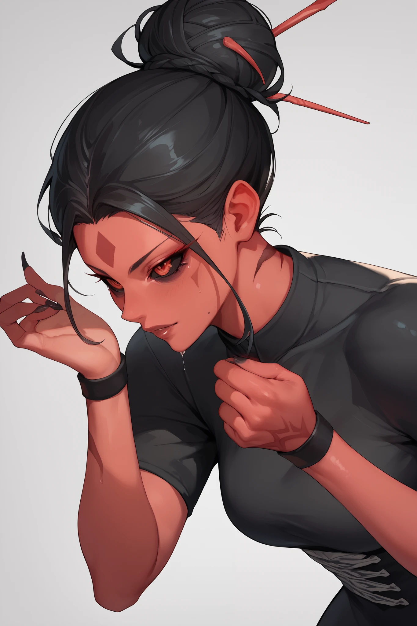 Woman, 4 arms, red skin, black hair, bun, strands of hair falling on her face, red eyes, black sclera, black band on her wrists, black marks on her body, anime style, alien race