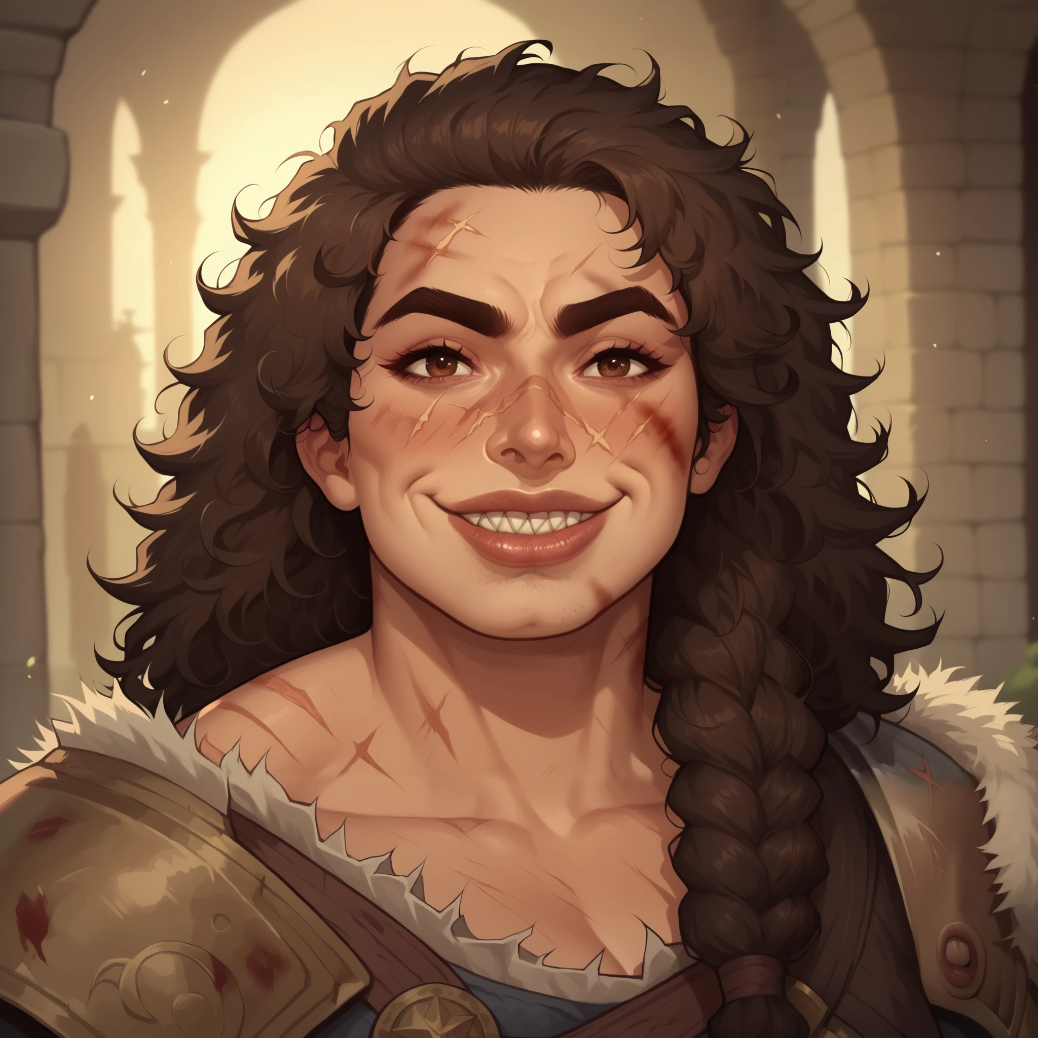 (((high quality, comics style, detailed face))), score_9, score_8_up, score_7_up, BREAK, bust shoot view, solo, 1woman, a barbarian, high stature, big nose, brown hair, curly messy hair, voluminous hair, muscular, wide shoulder, chubby, tanned skin, ((bushy eyebrows)), scars, burn marks, braided dark hair, sharp teeth, big lips, (ugly face, ferocious, big devious smile), dynamic pose, barbarian clothes, fantasy outside, blurred background, Expressiveh, DeepNegative_xl_v1, detailxl, zPDXL2