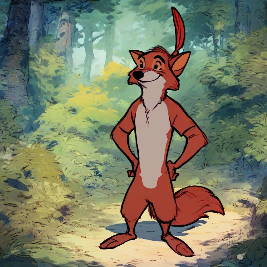 (robinhood:1) standing in forest, smile,facing viewer, naked, hands on hips, full body