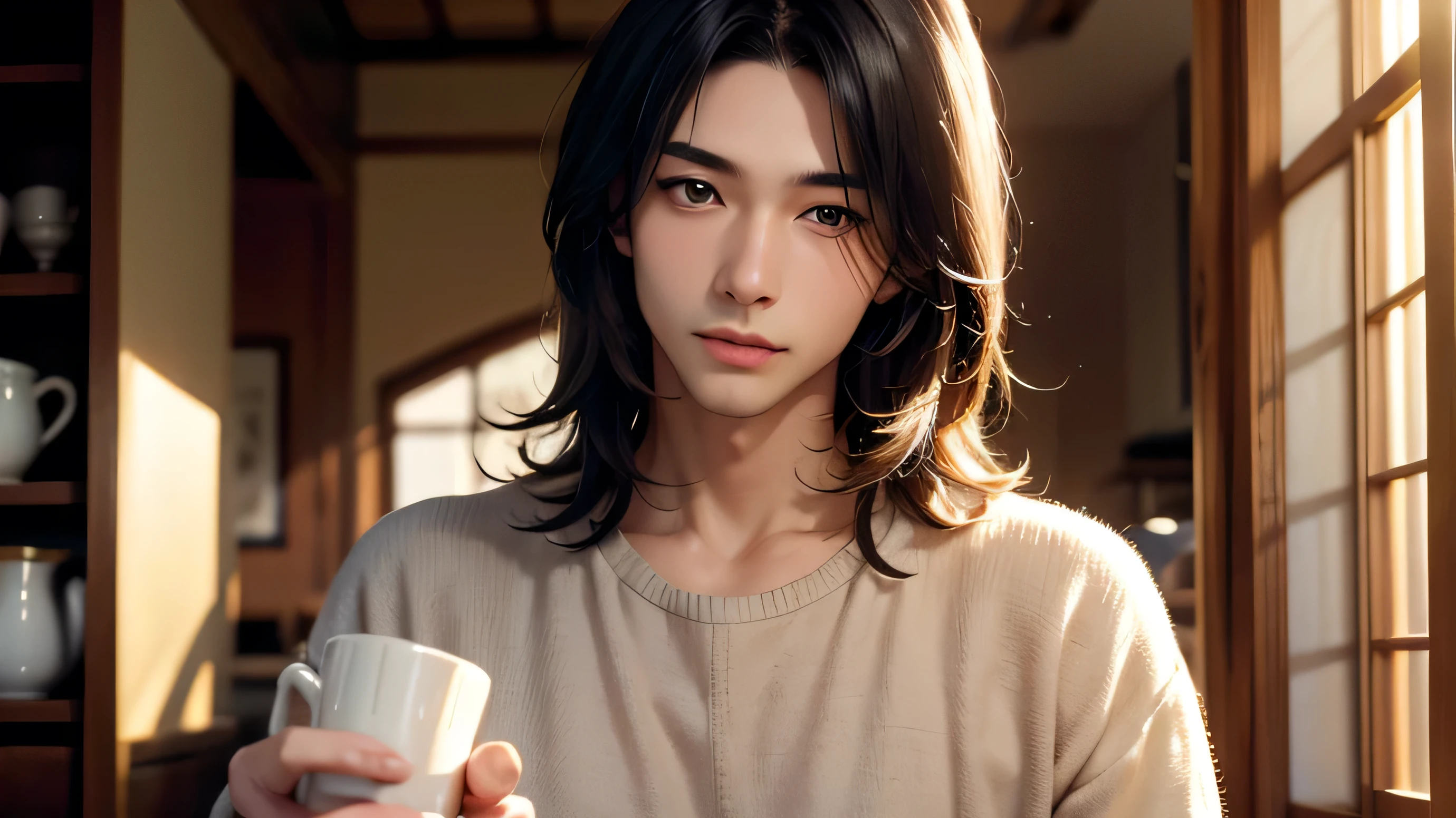 Cafe young man handsome Japanese eyes are narrow black hair I'm wearing a warm sweater sunlight shines in