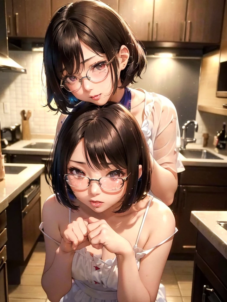 ((A cute shortstack Japanese gamer girlfriend, 147.32 cm height, 18 y.o., Teenager body with youthful features, playful smile)), (Jet-black shoulder-length bob cut hair, styled in messy curly soft waves), (Wide, sparkling slanted brown eyes, Large thin round glasses, soft blush, full plum lips, cute nose). (Cute and cozy kitchen background, Japanese kitchen, detailed background), (Wearing white silk nightgown with no panties, index fingers together), (((Highly detailed, sharp, vibrant colors, masterpiece, ultra-realistic, 8K, 4K, cinematic lighting, Extremely detailed, perfect hands, detailed eyes, absurdres, hires, highres, good hands))),