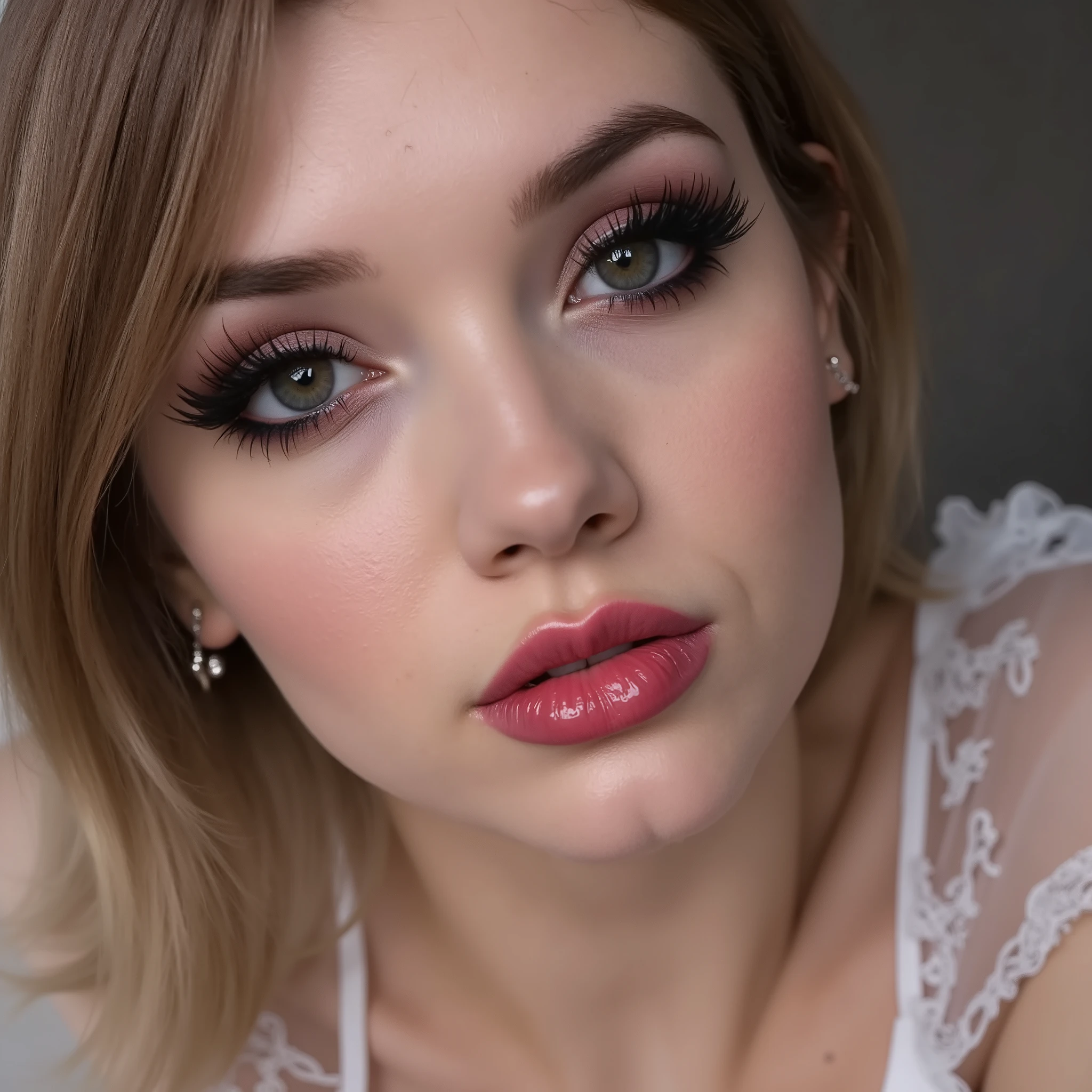 Close up of face, deep pink lips, lip gloss, shiny lips, eyeliner flicks, thick eyeliner, goth make up