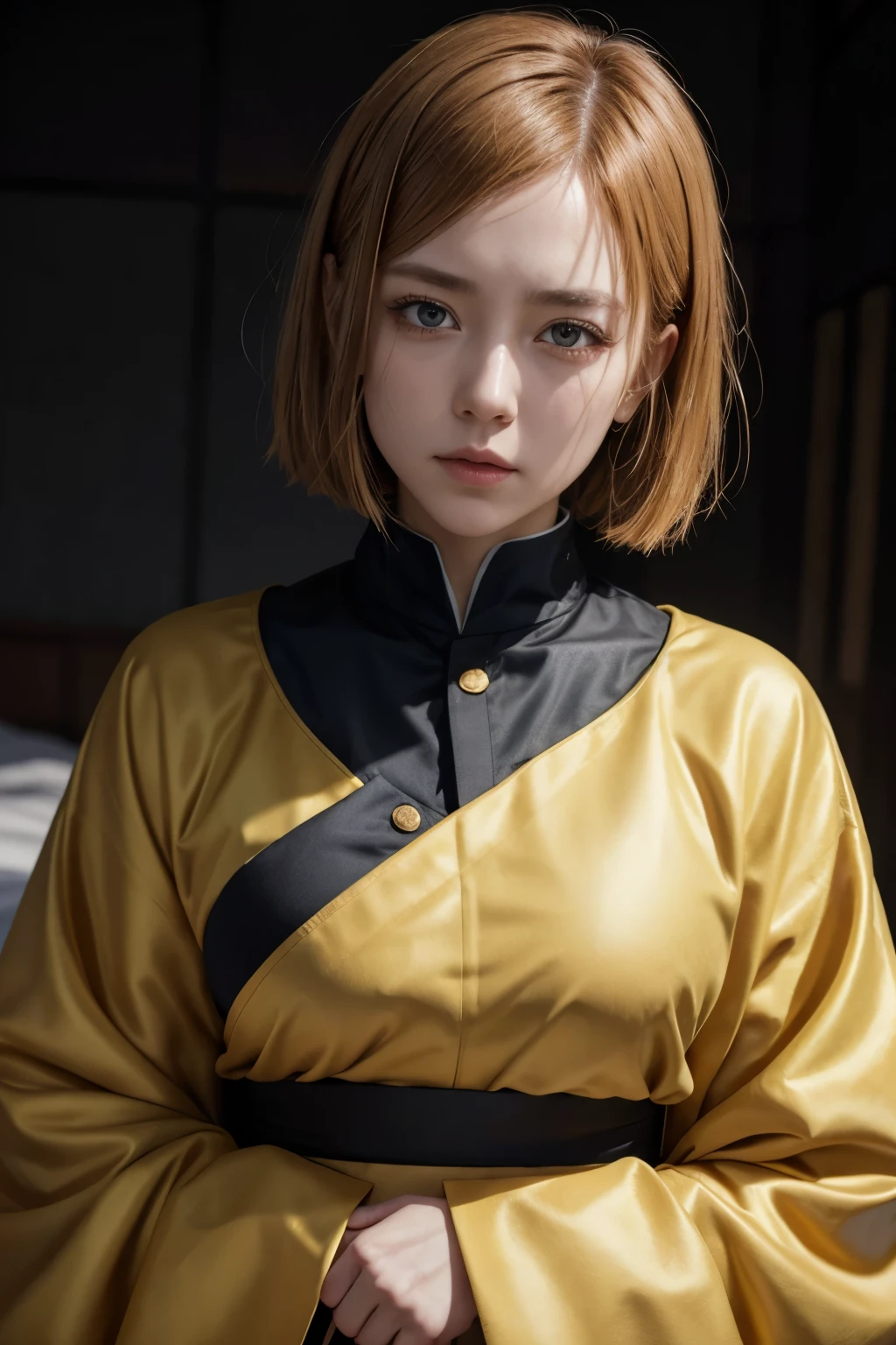 superior quality 、4K、 masterpiece 、 extremely detailed eye、 A girl , She's wearing a gold kimono that covers her entire body Alone、nobara、 jujutsu kaisen 、 short hair
