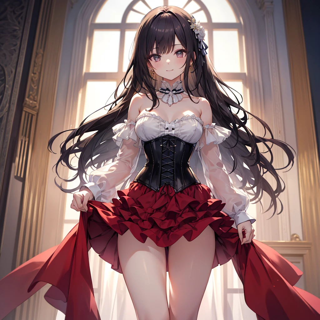 1 beautiful girl, walking in a hallway of a gothic church, elegant sleeveless dress, beautiful red-black dress, gothic style dress, long elegant transparent gloves, red high heels, ruby ring on the right index finger, low-cut chest, short skirt with ruffles, long black stockings above the knees with lace, brown hair, bangs, hair behind ear, hair over shoulder, long hair, side swept bangs, wavy hair, hair one side up, expressive hair, shiny hair, hair ribbon, hair ornament, jewelry, butterfly hair ornament, lolita hairband, heart earring, aqua eyes, glowing eyes, pupils sparkling, bright pupils, smile, fingersmile, seductive smile, red lips, big round breasts, full and detailed body, perfect body, butterflies around, upskirt, white panties, high detail, interior architecture, anime style, Romanticism, Gothic art, dithering, first-person view, view from below, perspective, Wide-Angle, f/1.8, 85mm, Sony FE, 8k, super detail, UHD, masterpiece, accurate, anatomically correct, high quality, highres, textured skin