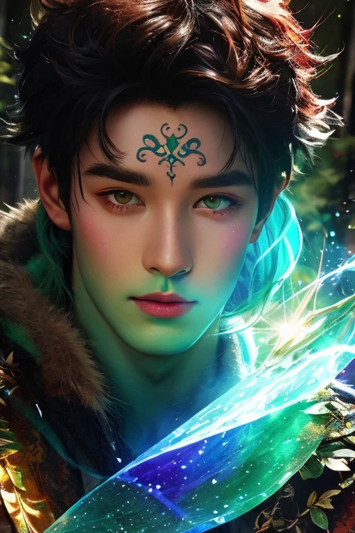 Absurdres, Masterpiece, Excellent, a tall muscular young man, solo, perfect facial features, (short hairstyle:1.5), sexy gaze, beautiful, gorgeous, wet, digital painting, elemental wizard, slimming, elf, gray pupils, floating ball of element, wizard outfit, relax, detailed background, Fantasy, Magical, Mystical, Ethereal, Unique Style, Surreal, Symbolic, magical tattoos, looking at the viewers romantically,