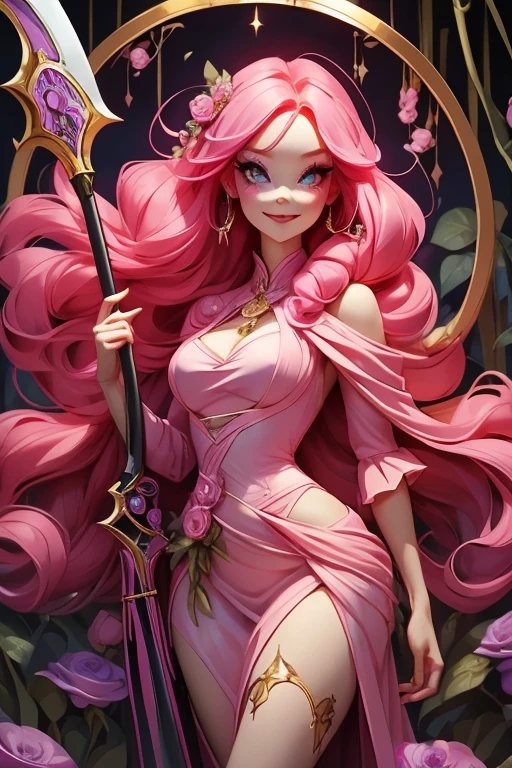 Perfect face. Perfect hands. A pink haired woman with violet eyes and an hourglass figure in a sexy dress is smiling while holding her scythe in the creepy forest