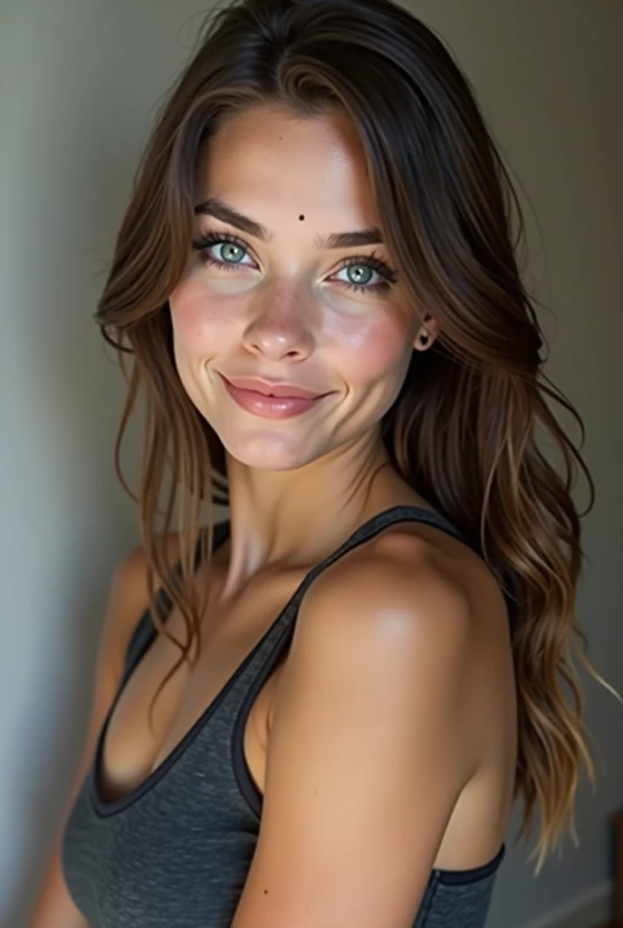 selfie, clin d'œil, jolie femme au visage de bébé, expression attrayante et séduisante, Timide, Cheveux brun raides, front, se maquiller, yeux marron, proportion corporelle superlative, , portant une chemise en tricot ample, pantalon en cuir moulant, Bottes d'ingénieur, Artistique, Hyper, art numérique graphique d autres