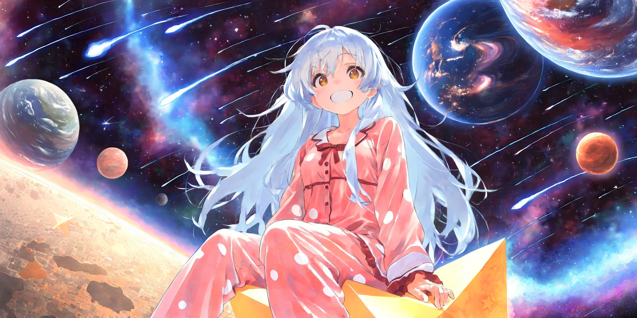 (1girl\(Pajamas\) sitting on (star mark:1.3):1.4) with big smile. BREAK .at beautiful nebula, (so many shooting stars),many beautiful planet,dynamic angle, focus on girls face, watercolor picture-book style,rough touch, space-scape,masterpiece,best quality