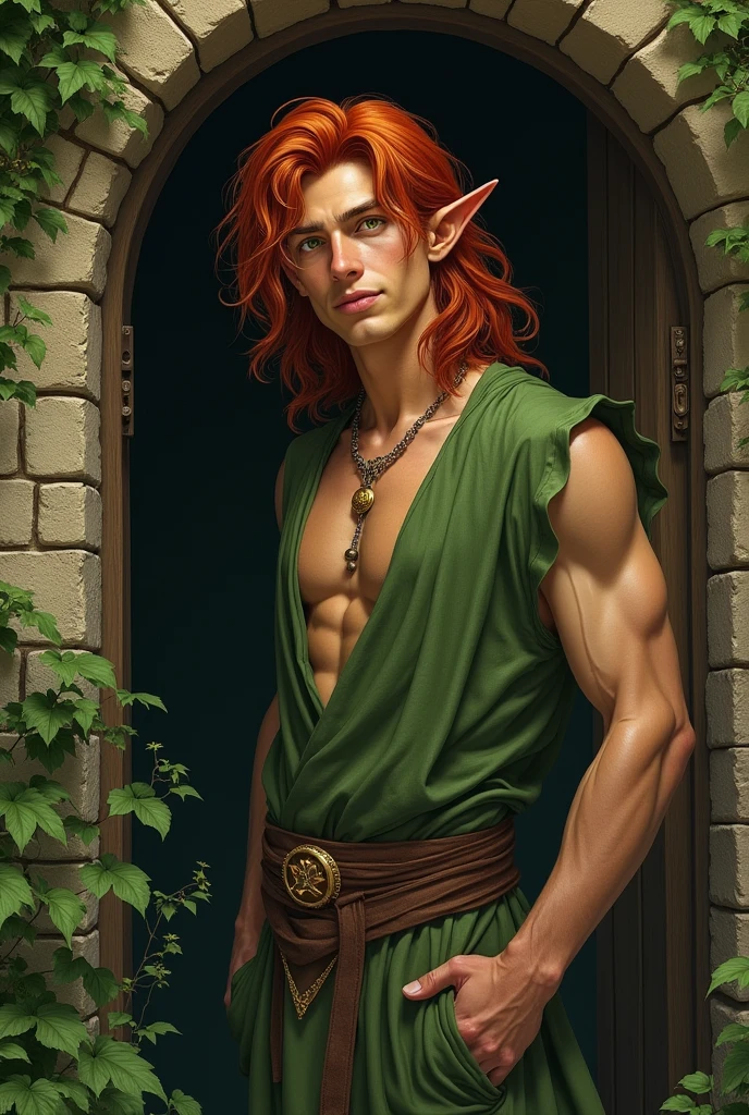 masterpiece, noise suppression, void noise, one male elf, Best quality, permission 8k, male focus, sharp image, just concentrate, stunning composition, volumetric lighting, super quality, Very detailed, fantasy, adult male elf with long red curly hair, Blue eyes, freckles on the face, pale skin, stern look, necromancer magician in a black robe.