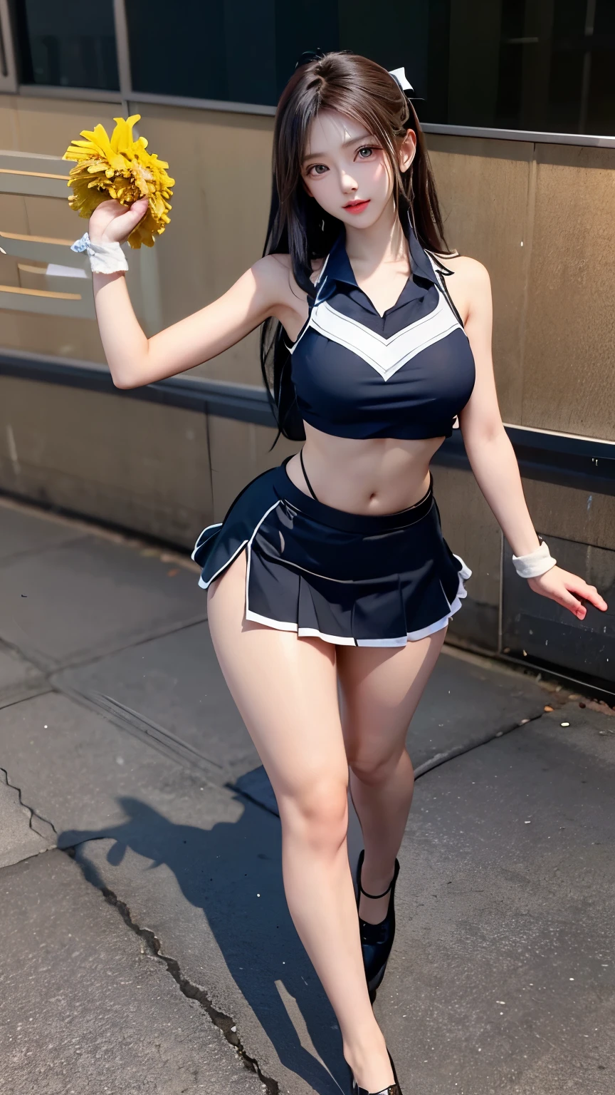 A cute Japanese girl with long legs and huge breasts is wearing a cheerleader cosplay and is showing us her M-shaped legs on the ground. Short hair, seen from below.