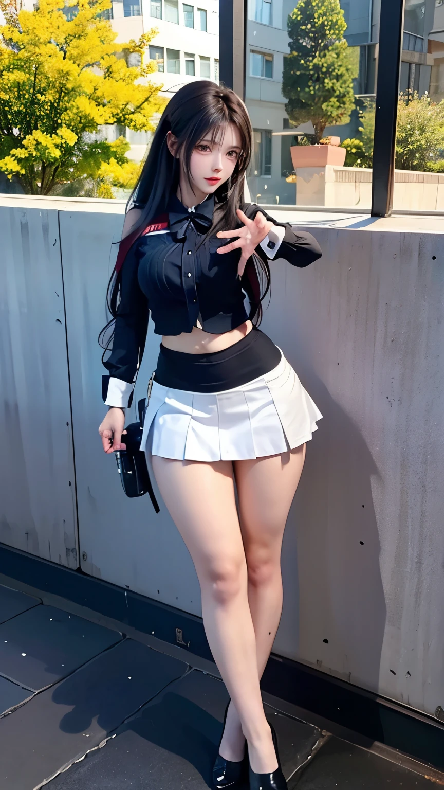 Photorealistic, high resolution, A Japanese Police woman named Kimmi, solo, heavy makeup, Hips up, (standing) (Detailed face), Black hair, Long hair, black and white corset, white lace Panties , black micro skirt, fishnet Stockings. Fully clothed.