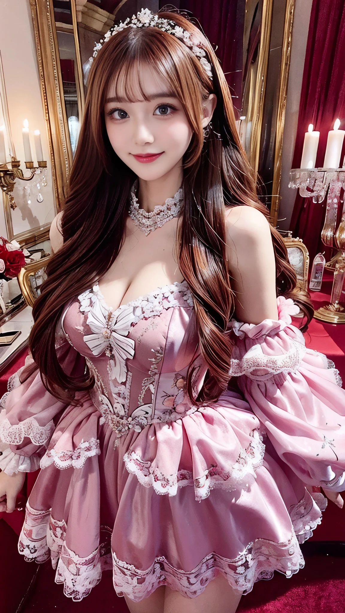 Dramatic composition, court-style dresses, royal, gorgeous, cascading frills, ruffles, bows, crystal chandeliers, Roman curly hairstyles, ponet, double ponytails like drills, look at the camera, bangs, maximalism, palatial background, delicate portrayal of hair and eyes, princess dresses, gorgeous skirts, flowers in hand, smiles, starry eyes, cinematic light, extreme detail, high definition, happy girl, very long hair, diamonds, broken diamonds, crystal fragments, light particles