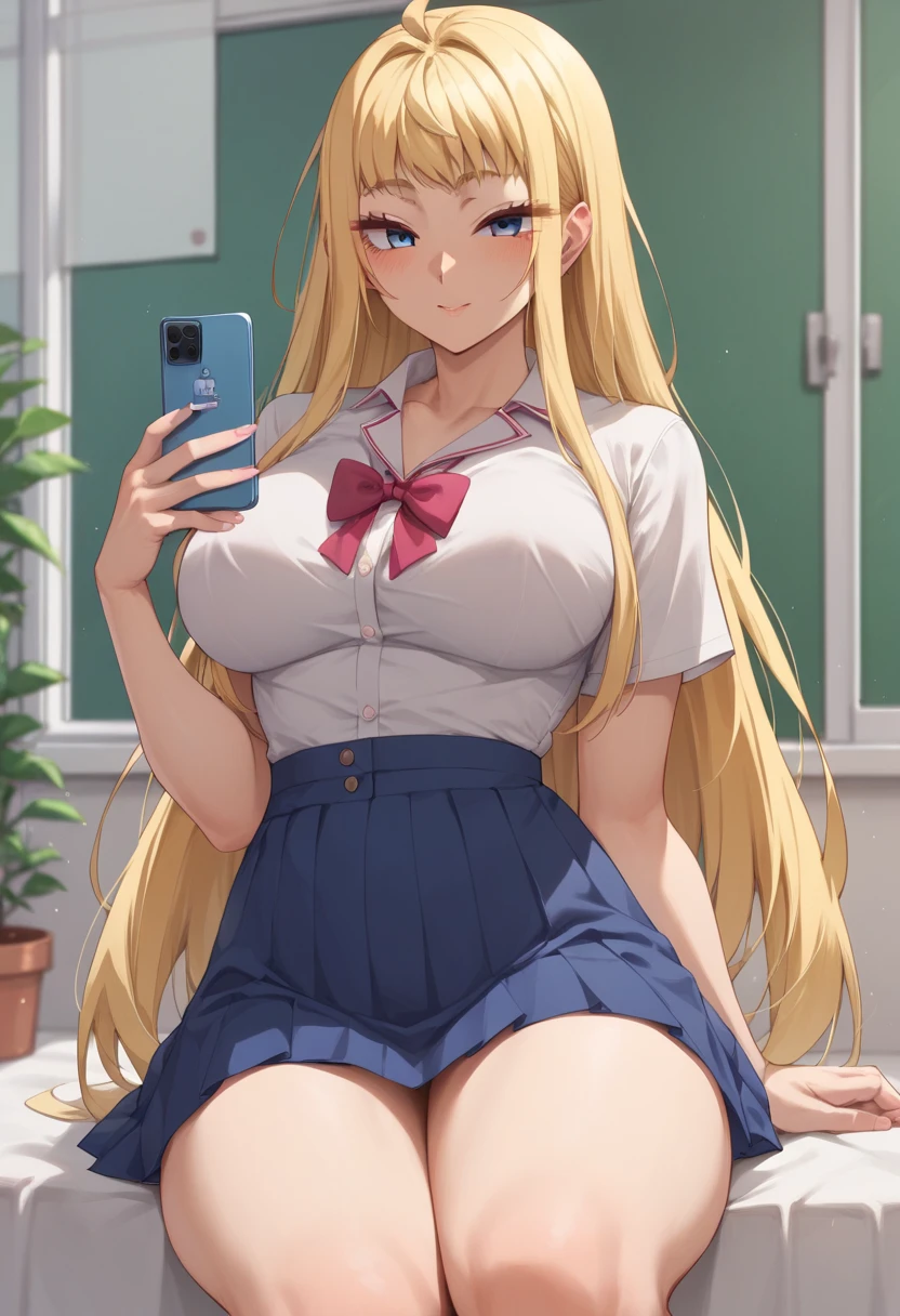 Minami Fuyuki blonde with big hair blue eyes big boobs abdomen healed thick thighs Big school skirt Blue white blouse Pink with cell phone in her hand taking sexy sexy sexy photos