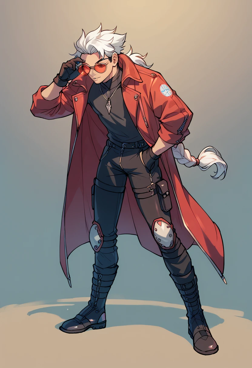  ((Best Character Design)) ,human Male,((oc)) ,Clear Skin , round Red SunGlasses , white hair,long braided ,zip Red Coat  , Black Gloves  , Black boots , Full body ,pose , Black shirt , Black Pants ,knee protectors