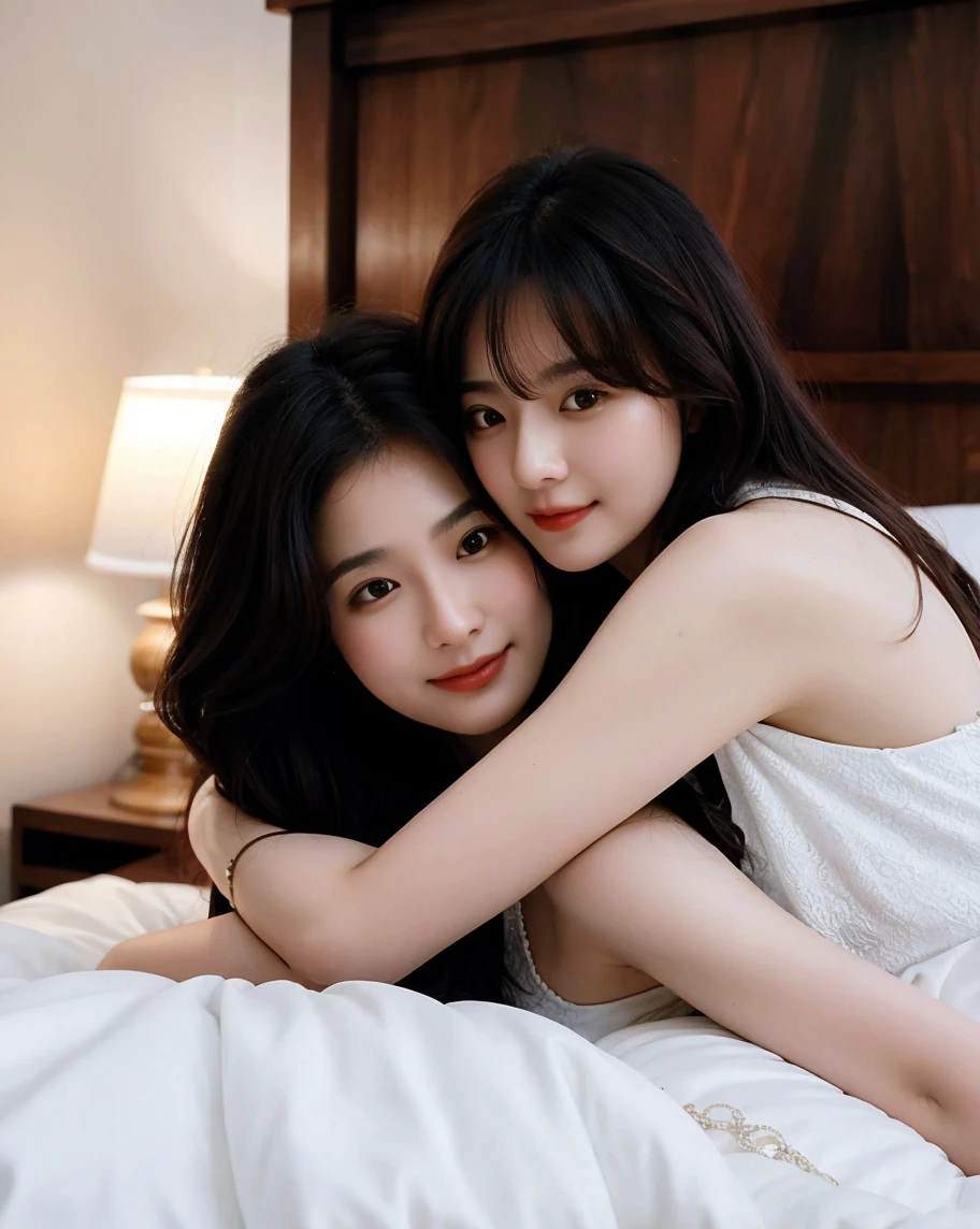 1girl in、on the beds、lie down、cleavage of the breast、Hands on top of your head、Shy laughter、blushed face、Shy、