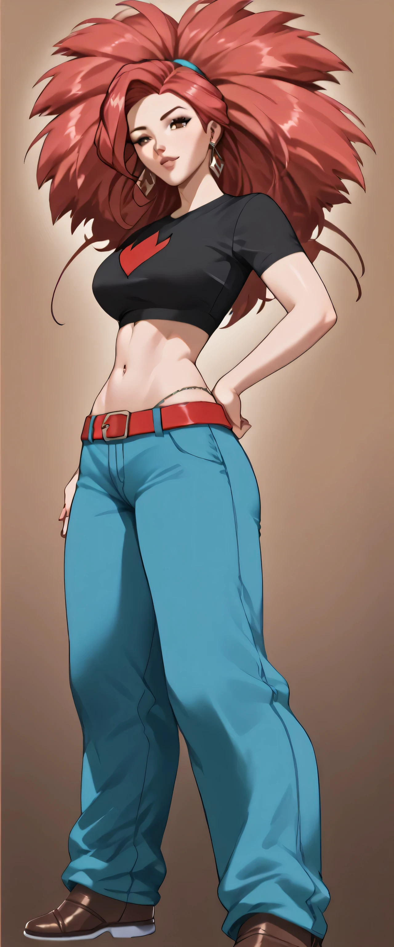 (masterpiece),(ultra-detailed), (high quality), (high resolution), (best quality:1.5, highres, UHD), highres, absurdo, ultra detail, ultra quality, Ultra resolution, 16k, 1girl, (2heads:1.5), girl with two heads, ((red hair)), ((blue hair)), different hair colors) smiling, ((black blazer over a blue crop top)), blue jeans, wearing heeled boots, (detailed glowing blue eyes, casual dress, sexy proportions, (exposed midriff), thighs, Beautiful girl with accentuated slender abs, eyeshadow