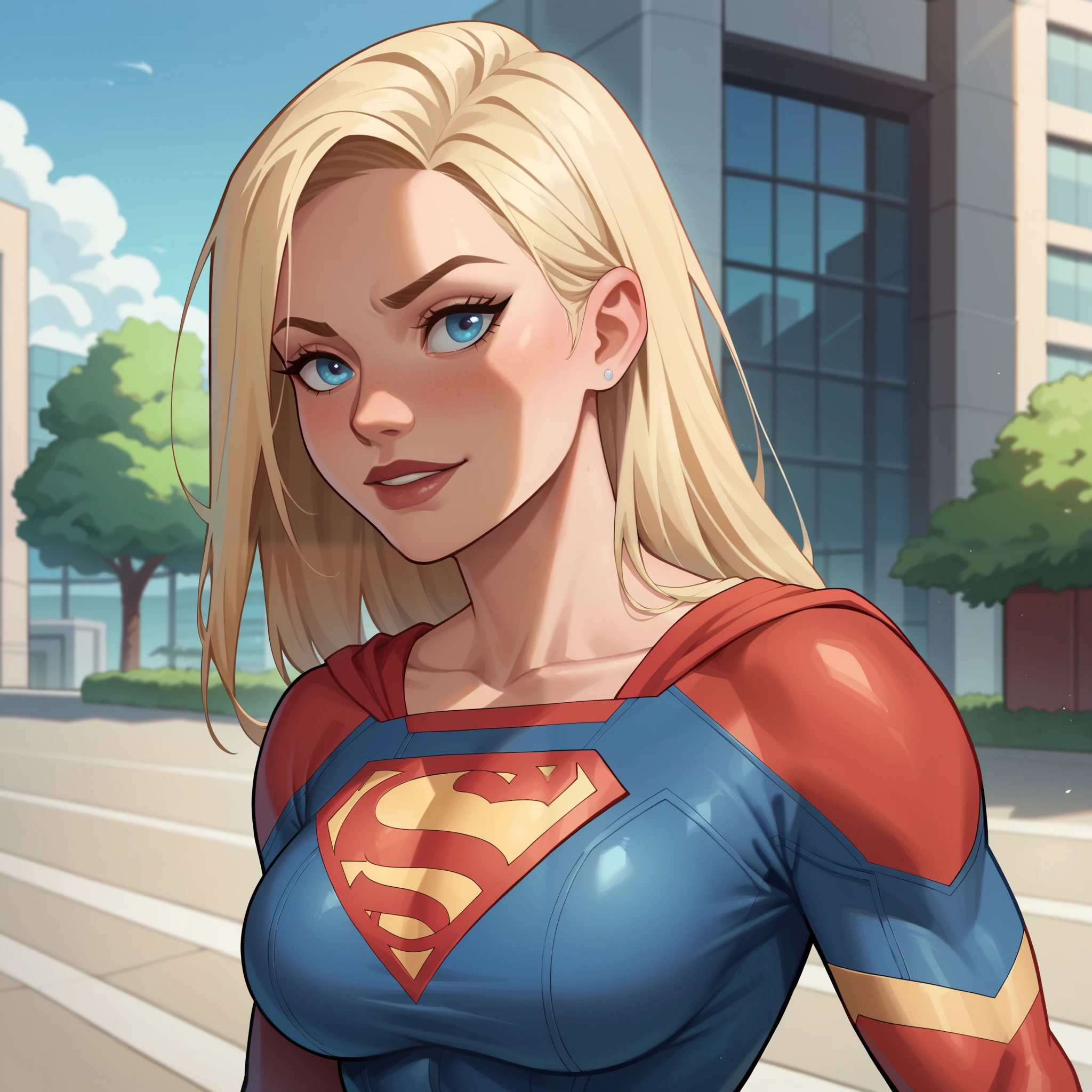 Supergirl , blonde. blue eyes, big breasts, Superhero costume . modern buildings background