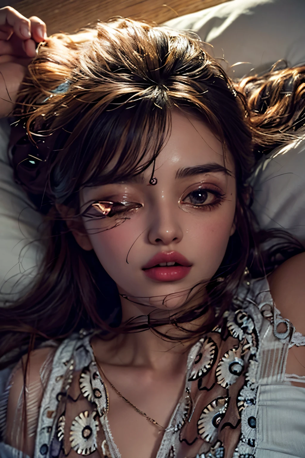 8K quality、High resolution、Realistic skin texture、High resolutionの瞳、Man sleeping in bed、Man straddling woman、A female cafe owner seduces a male customer、A neat beige knit dress、thin、Model Body Type、Ripe body、Off the shoulder、Realistic female genitalia