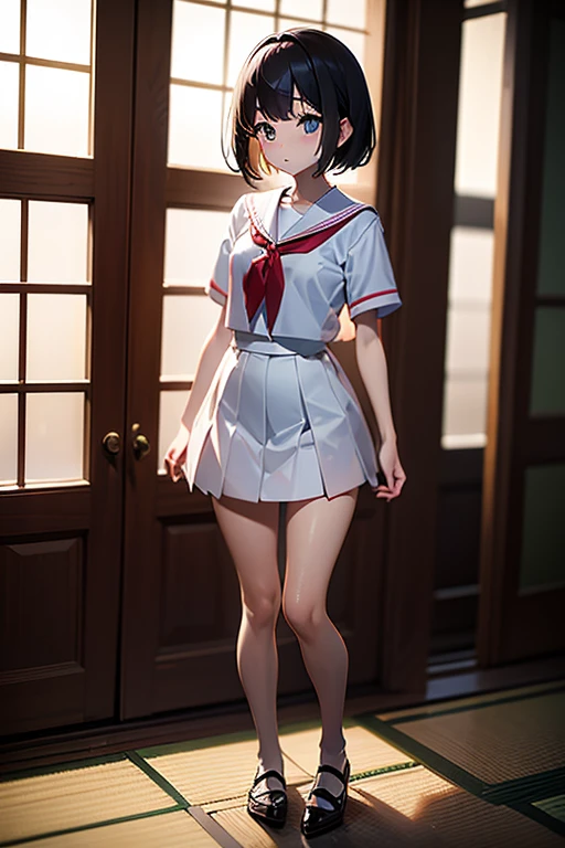 Best image quality, Japanese Classroom, White underwear, White Uniform, Flip up the skirt, Embarrassed face, solo, woman, Black Hair, Bob Hair