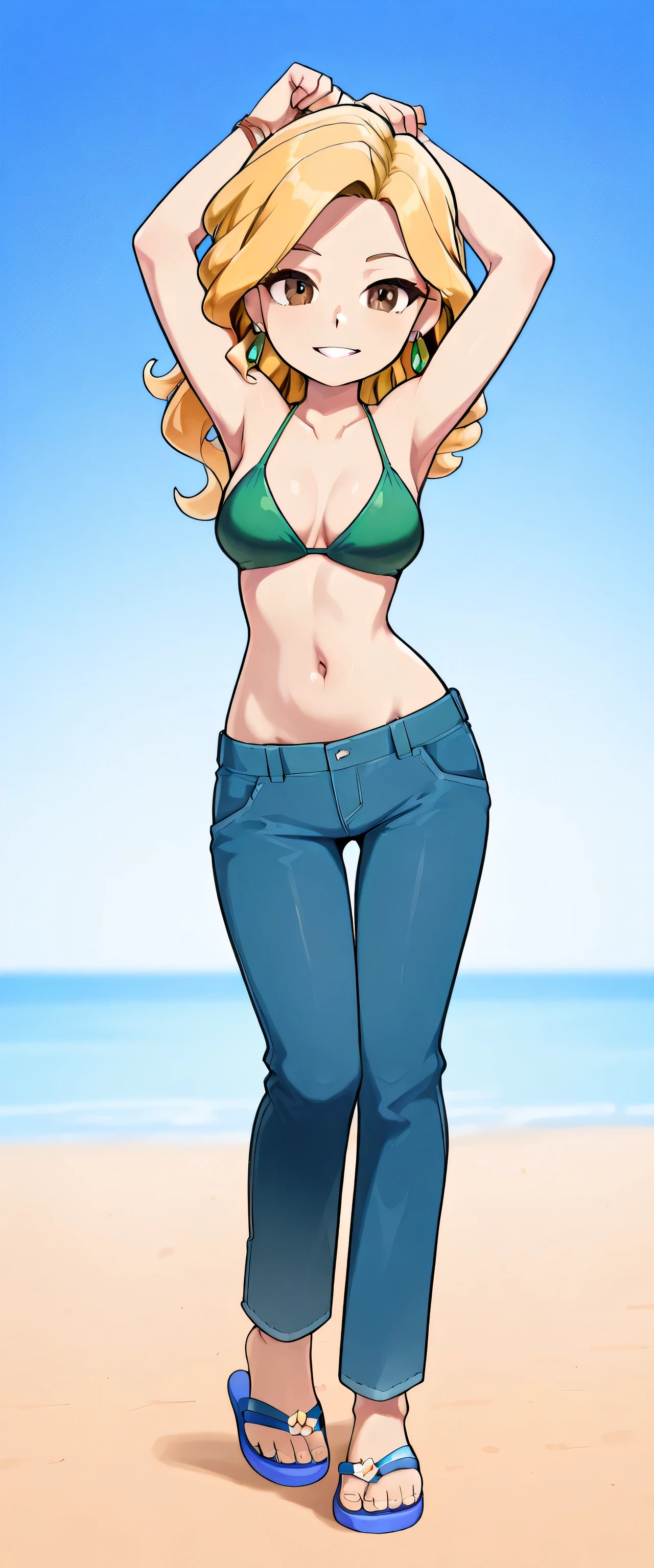 A tall girl beautiful beautiful sexy curly golden yellow hair long her brown eye wears green and white bikini top and tight blue jeans pants blue flip flops earring arms