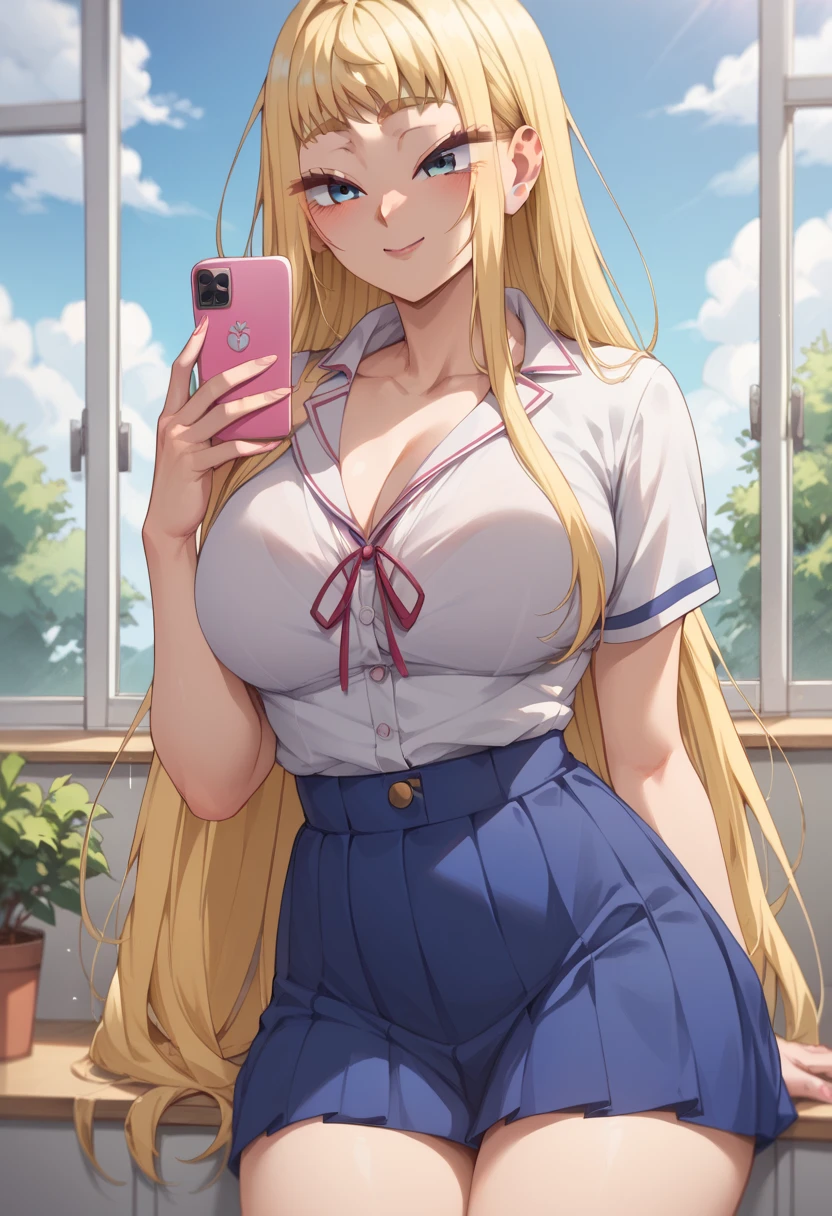 Minami Fuyuki blonde with big hair blue eyes big boobs abdomen healed thick thighs Big school skirt Blue white blouse Pink with cell phone in her hand taking sexy sexy sexy photos