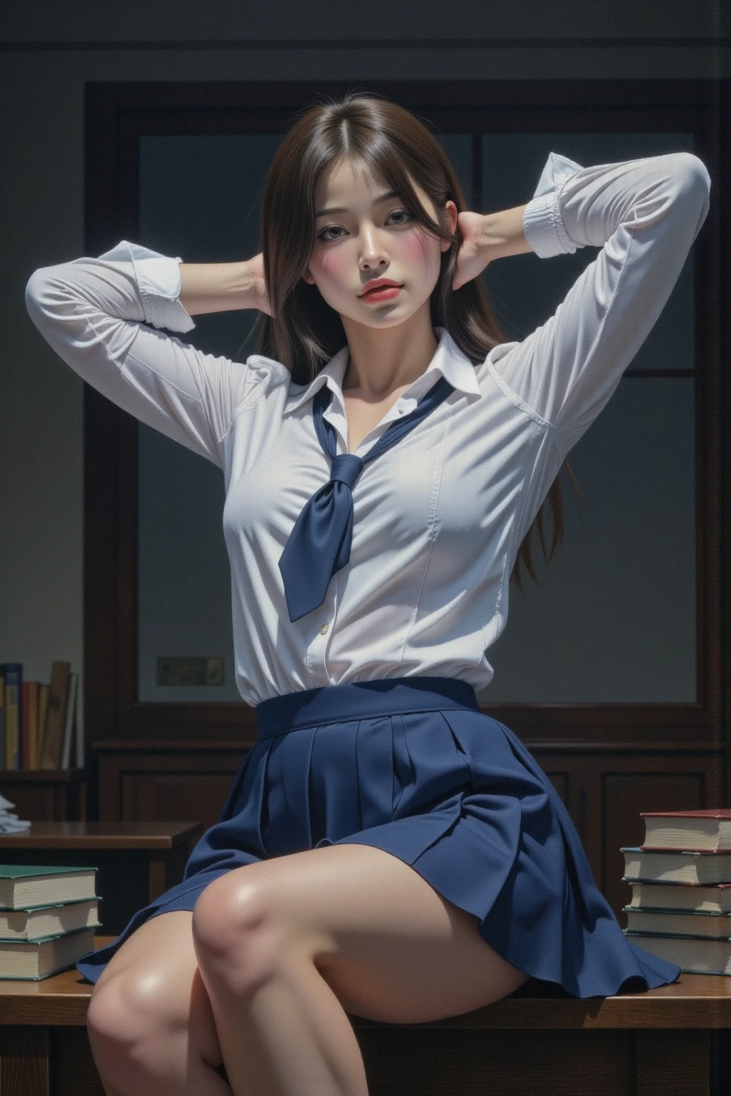 A woman, seductive smile, white blouse, blue pleated skirt, school tie, hands behind head, sitting on desk, dynamic angle, painting style, dark, drkfnts style