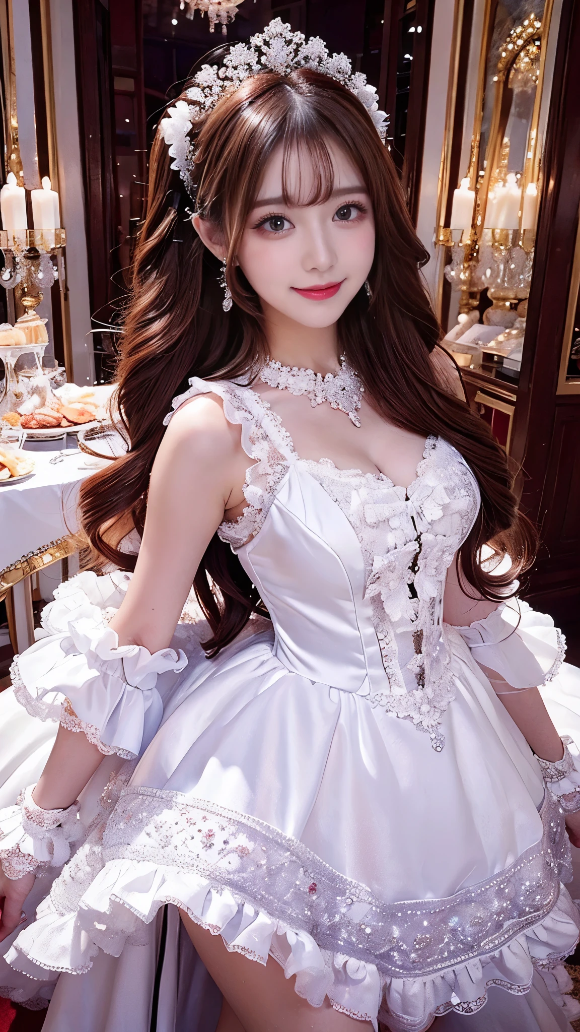     pretty woman ,     Chestnut hair    ,      beautiful eyes  ,    Smile,  actual , Full HD,    very beautiful dress  ，White ta ， Fluffy Dress  ， Curved Body，Magnificent views ， gorgeous decoration ，Long gown，