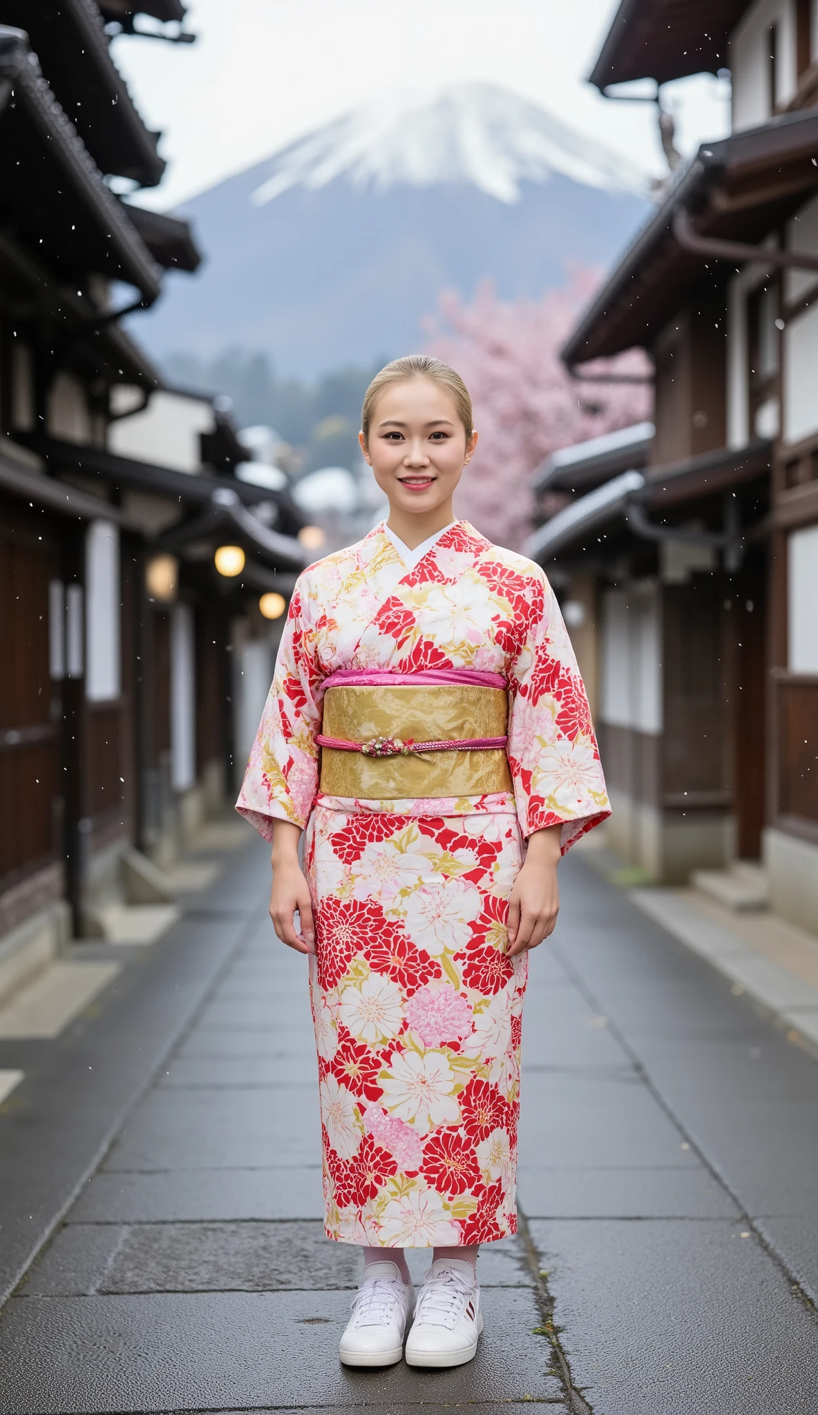 photography, 4k, detailed, masterpiece, expressive eyes, facing forward.
1 japanese woman, bald, wearing red kimono with floral pattern, white sneakers, posing in a park with traditional japanese buildings, mount fuji and cherry blossom trees in the background