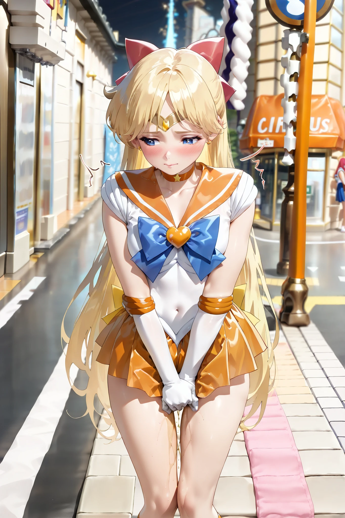 score_9,score_8_up,score_7_up,score_6_up, ((masterpiece)), ((best quality)), (ultra-detailed), ((extremely detailed)), 4K, (8K), best quality, standing, (((Sailor Venus))), 1girl, solo, (High quality fabric:1.5), (fidgeting around:1.3), embarrassed:1.2, blush:1.3, panic, (hand between legs, holding the crotch:1.3), Red ribbon, uncontrollably peeing, heavy urinating, desperately holding in pee, street, alone