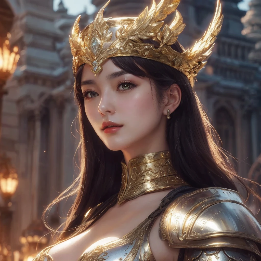portrait knights of Zodiac girl+smoky eyes, metalic black and red mirror reflected armor, in ruined Agora of Athens, black magic night, ssci-fi, fantasy, intricate, very very beautiful, elegant, golden light, highly detailed, digital painting, artstation, concept art, smooth, sharp focus, illustration, art by tian zi and WLOP and alphonse mucha