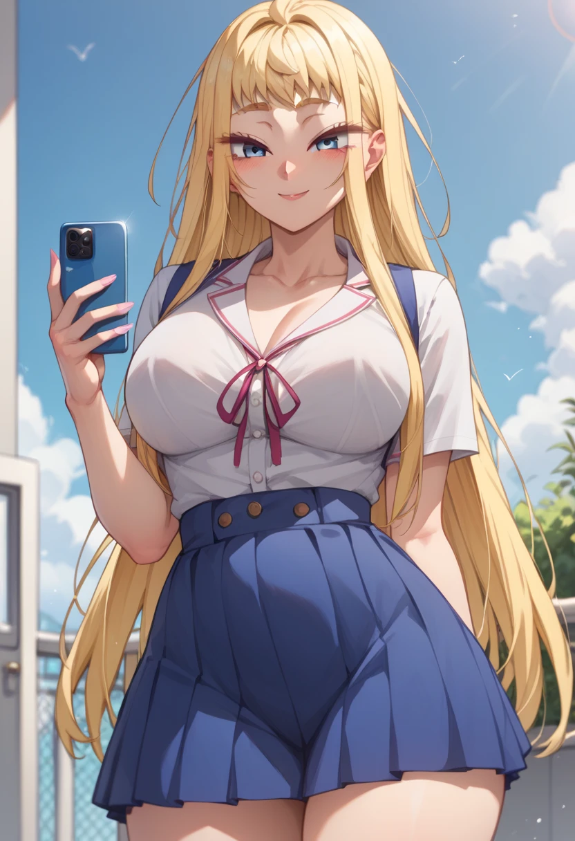 Minami Fuyuki blonde with big hair blue eyes big boobs abdomen healed thick thighs Big school skirt Blue white blouse Pink with cell phone in her hand taking sexy sexy sexy photos coxas grossa grande anime